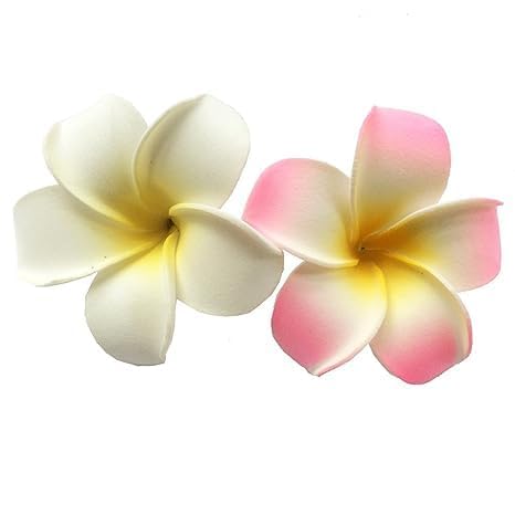 2 Pcs 7Cm White and Pink Hawaiian Frangipani Plumeria Hair Clips - Foam Flower Hair Barrettes for Women, Girls - Perfect for Beach Parties, Weddings, Summer Vacations & Tropical Themed Events