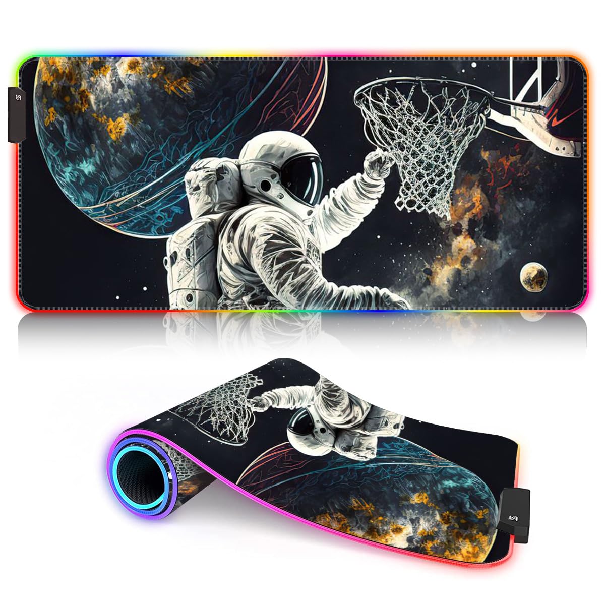 HEYCE Extended Gaming Mouse Pad with LED - Large 60x35cm Astronaut Basketball Space Design - Non-Slip Desk Mat for PC, Laptop, Office & Gaming Setup - Perfect for Work, Gaming & Home Office Use