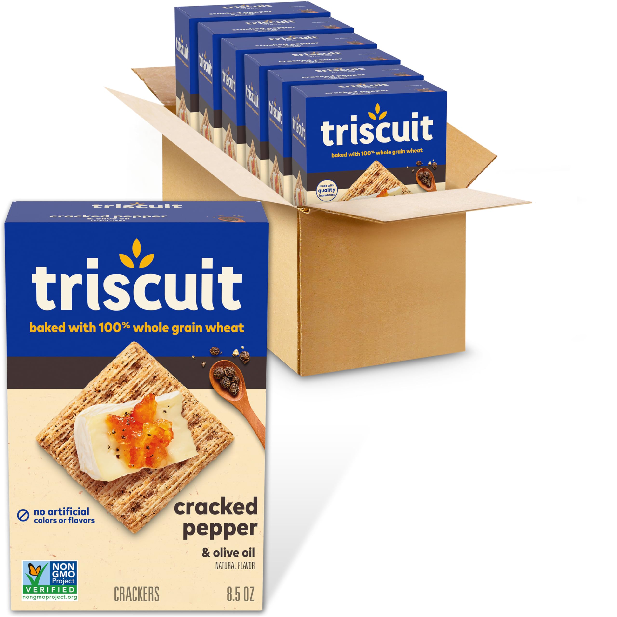 Triscuit Cracked Pepper & Olive Oil Whole Grain Wheat Crackers - Healthy Lunch Snacks, Bulk Pack of 6 (8.5 oz Boxes) - Perfect for Office, School & Picnics