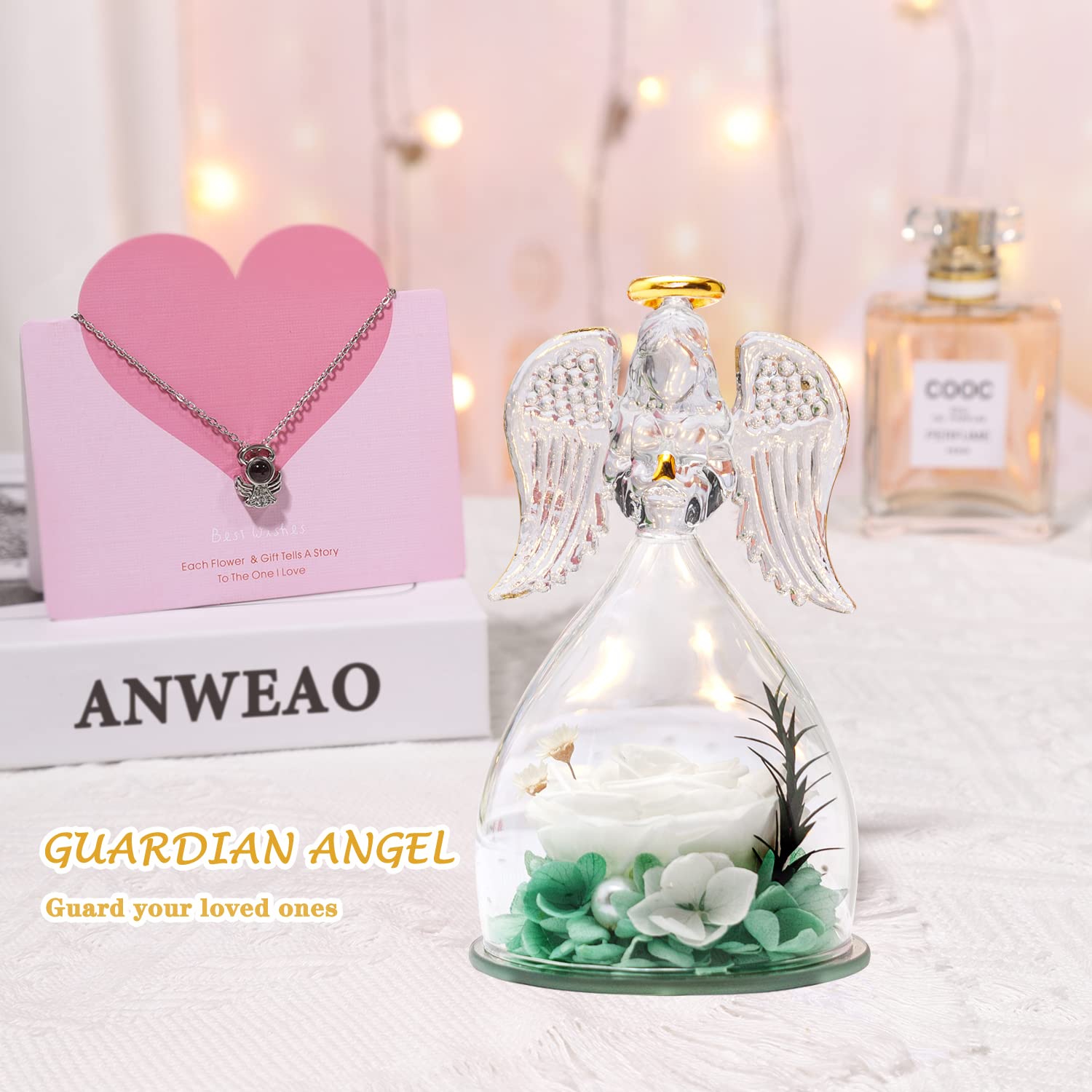 ANWEAO Preserved Real Rose Glass Angel Figurine with 'I Love You' Necklace in 100 Languages - Unique Birthday Gift for Mom, Valentine's Day Present for Women, Thoughtful Flower Gift for Grandma - Perfect for Home Decor, Anniversary Surprise & Special Occasion Keepsake
