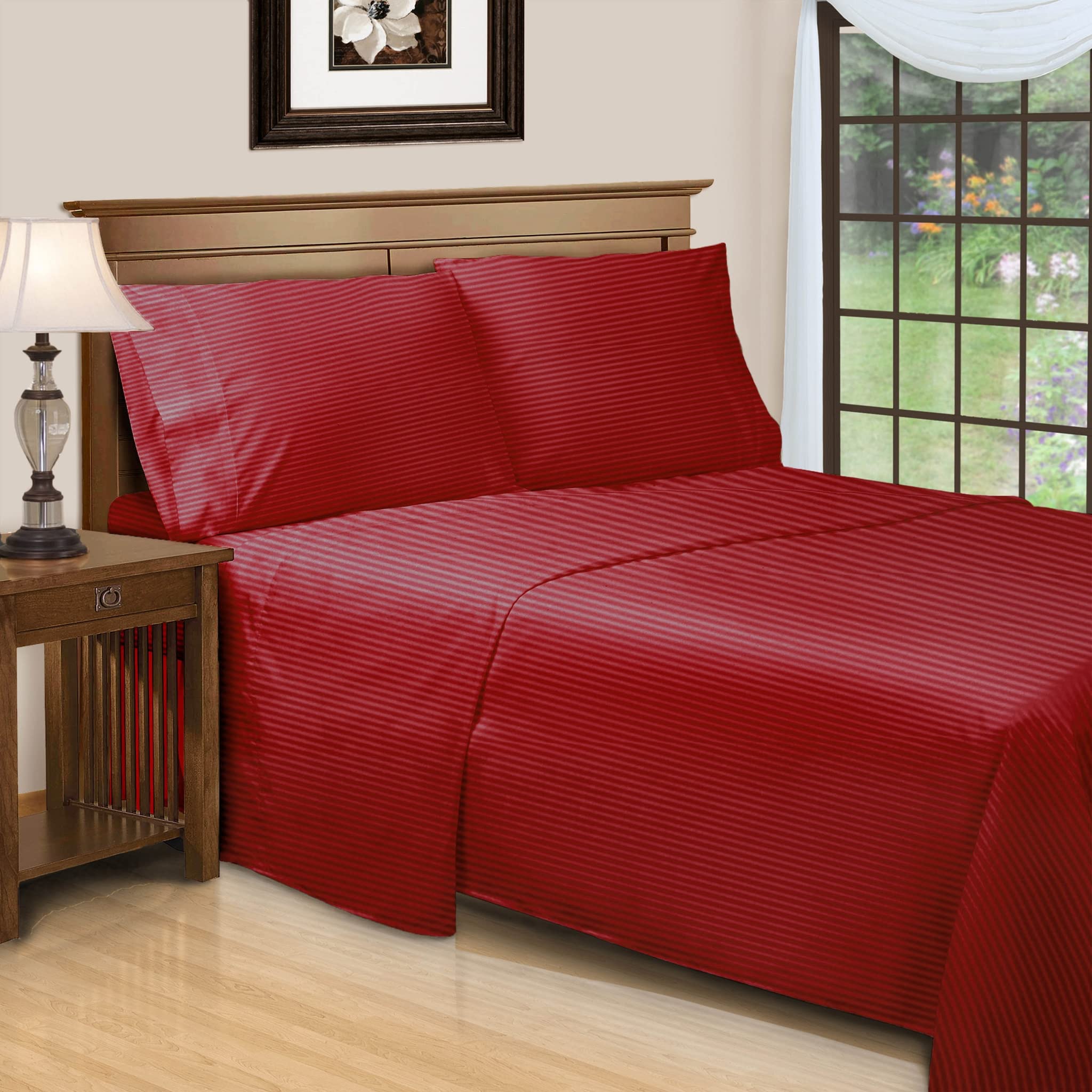 Premium 100% Combed Cotton Full Sheet Set - 600 Thread Count Luxury Bedding - Striped Burgundy Sheets - Soft & Breathable for All Seasons - Perfect for Master Bedroom, Guest Room & Dorm