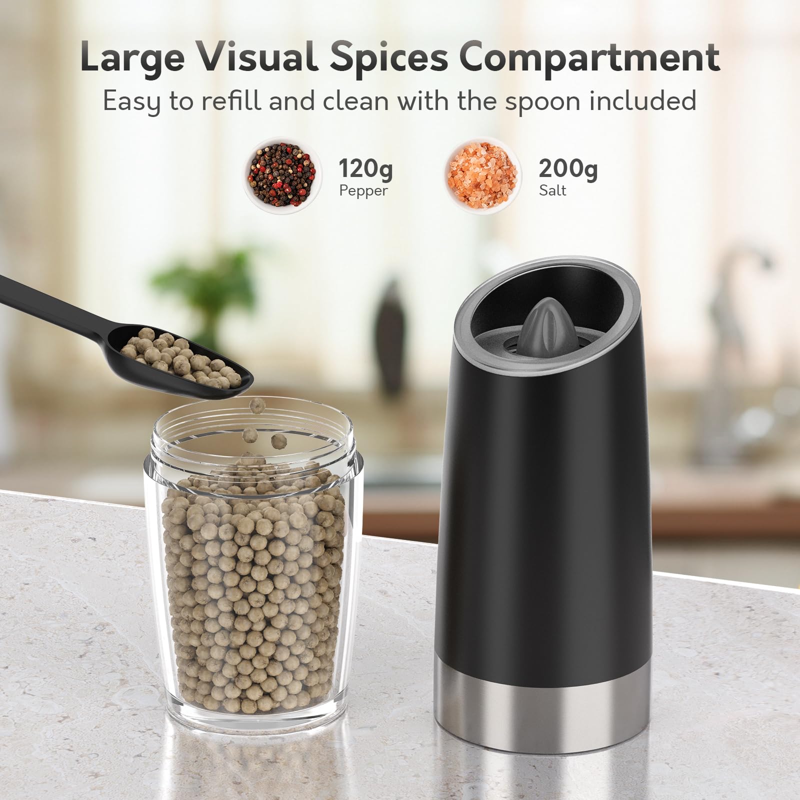 Premium Electric Pepper and Salt Grinder Set - Battery Powered Automatic Mill with Adjustable Coarseness & LED Light - One-Hand Operation for Kitchen, Dining Table, Camping & Outdoor Cooking
