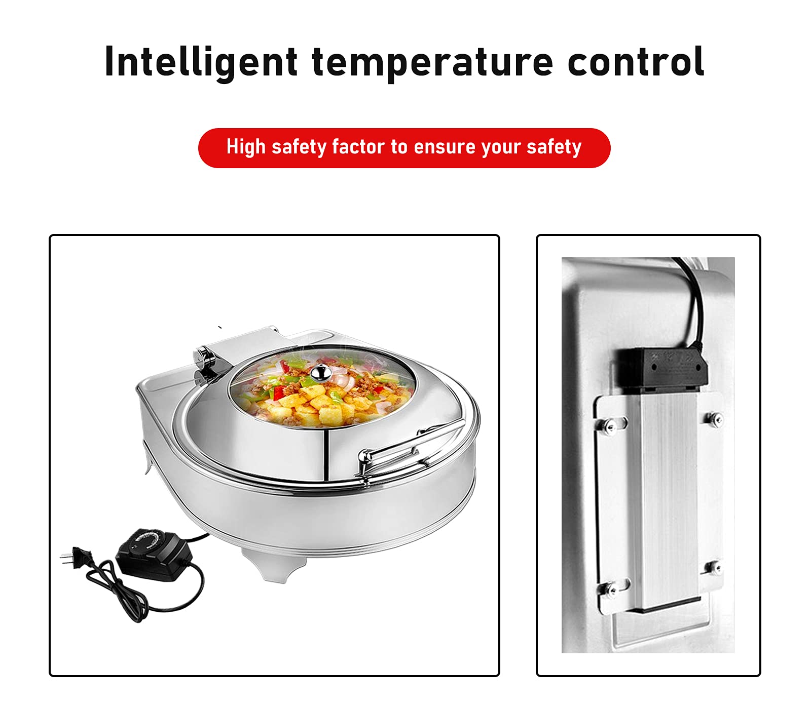 Stainless Steel Round Chafing Dish with Transparent Lid - 6L Capacity & Adjustable Temperature - Perfect for Buffets, Catering, and Keeping Food Warm at Parties