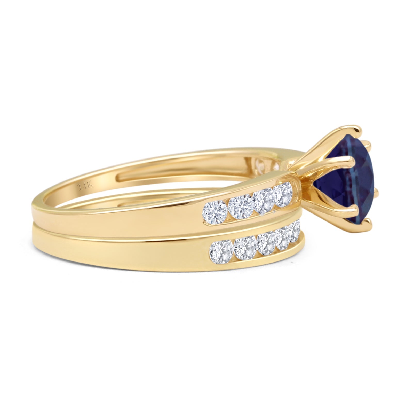 14K Yellow Gold Two Piece Half Eternity Band Round Lab Alexandrite Cathedral Wedding Ring - Perfect for Engagement, Anniversary & Bridal Jewelry Gifts