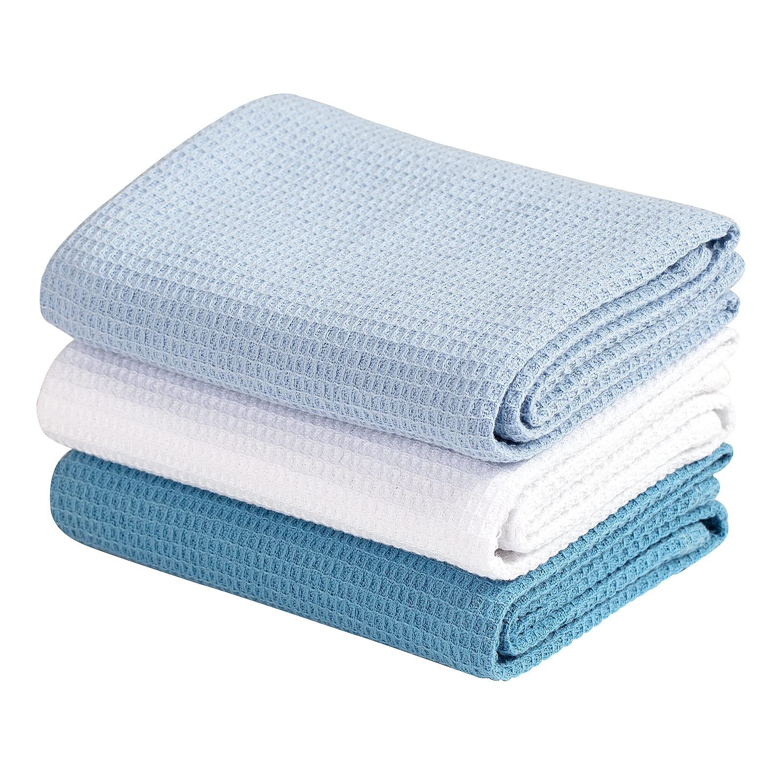 Jennice House Cotton Waffle Weave Dish Cloths & Kitchen Towels Set - Ultra Soft, Absorbent Large Hand Towels (3-Piece Blue Set) for Dishes, Cleaning & Bathroom Use