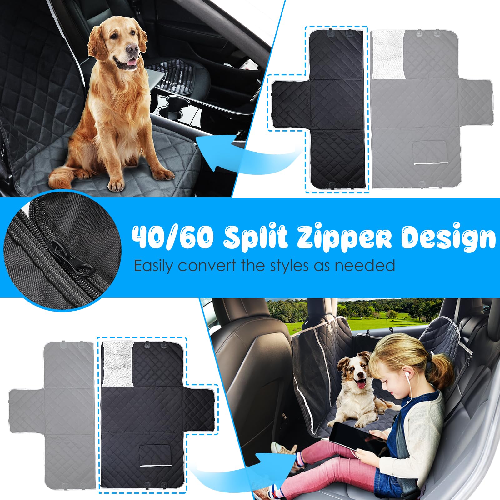 URPOWER 6-in-1 Waterproof Dog Car Seat Cover for Back Seat - 40/60 Split Pet Hammock with Mesh Window & Side Flaps - Universal Fit for Cars, SUVs & Trucks - Perfect for Road Trips, Daily Commutes & Pet Travel Protection