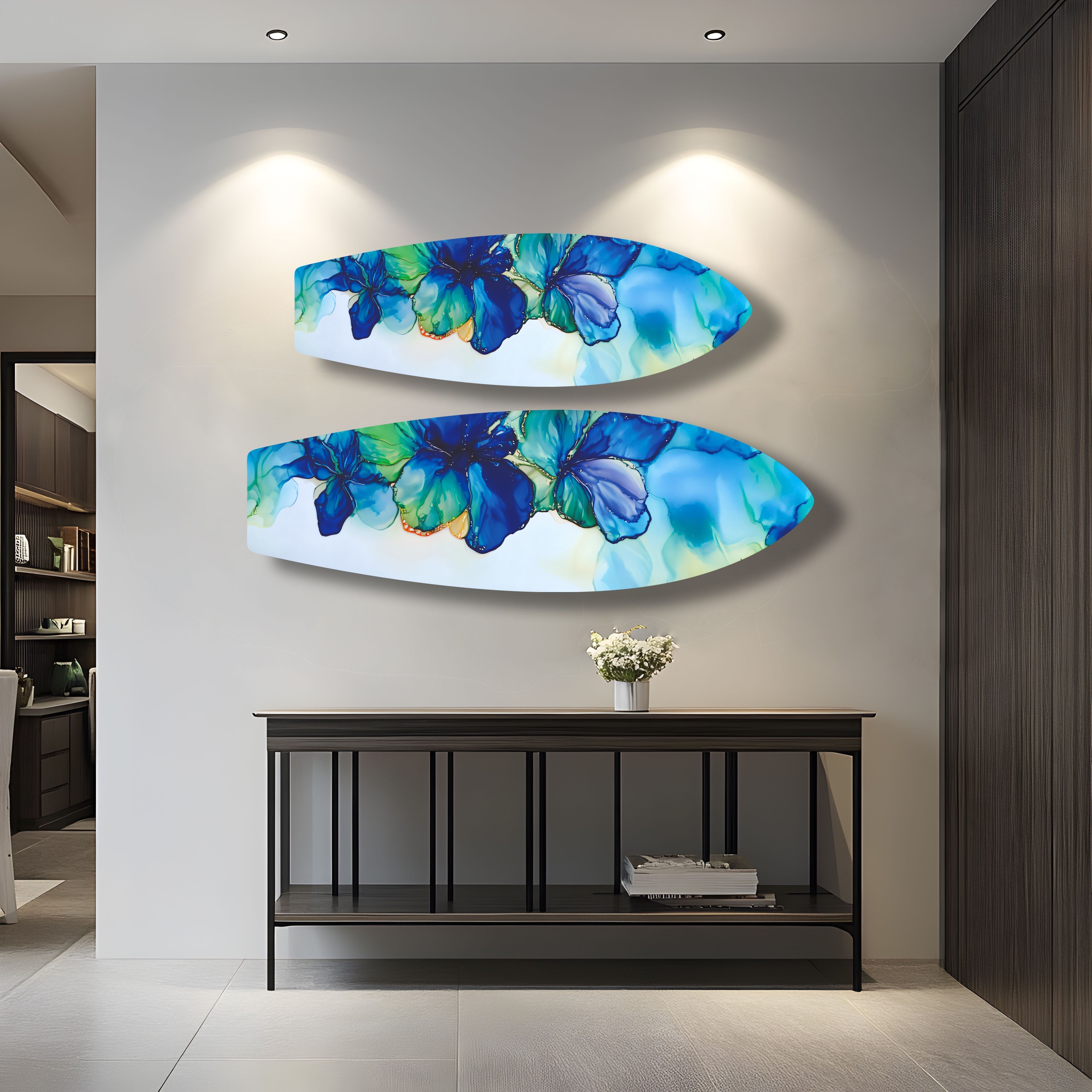 Blue Alcohol Ink Flower Surfboard Wall Art - Handmade Coastal Decor for Beach House, Living Room & Bedroom - Unique Ocean Themed Painting for Home & Office