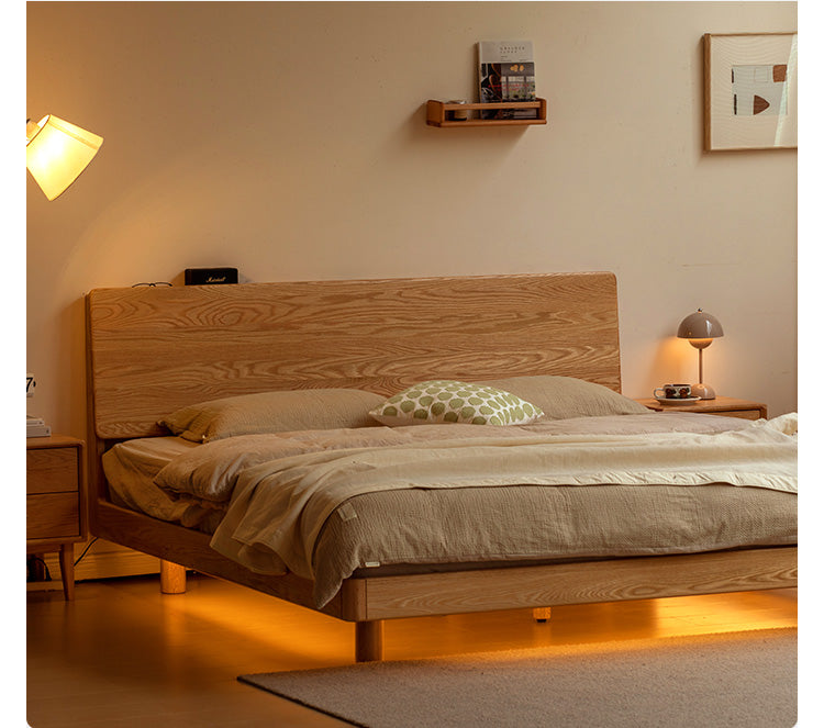 Solid Oak Wood Modern Floating Bed Frame - Queen Size, Sturdy Platform Bed with LED Lights for Bedroom, Living Room, Guest Room