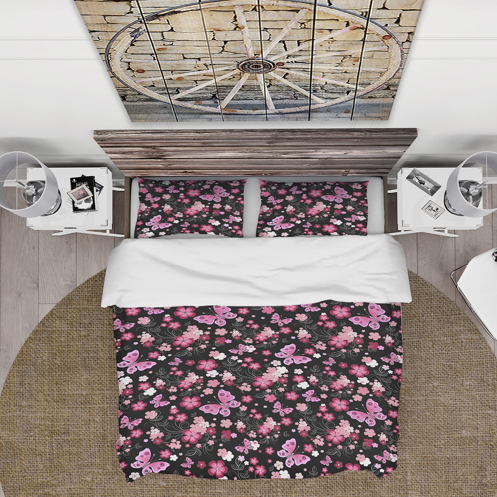 Pink Floral Duvet Cover Set with Elegant Butterfly Design - Queen Size Bedding for Girls' Room & Boho Chic Bedroom Decor
