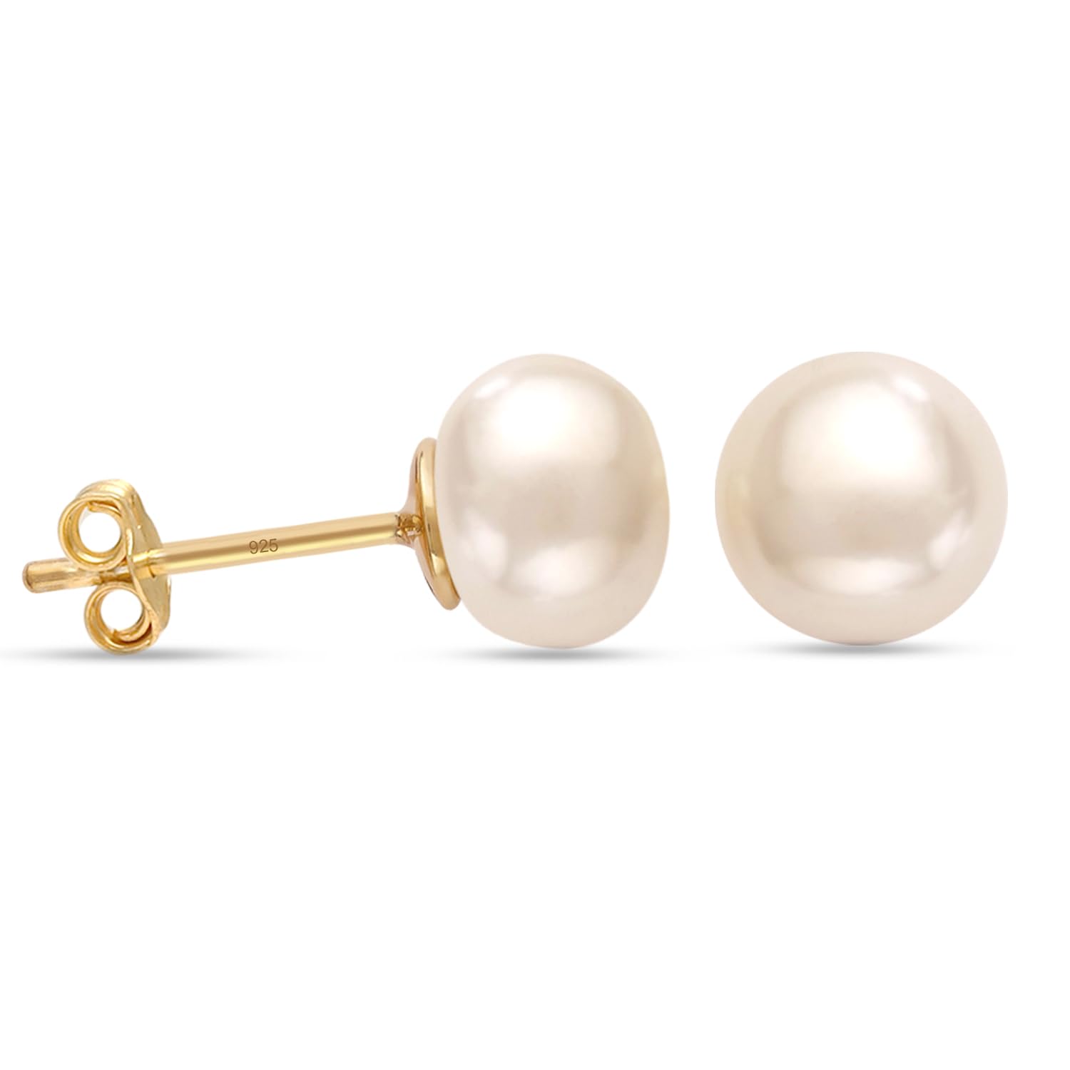 LeCalla 925 Sterling Silver Freshwater Pearl Stud Earrings for Women | Round White Pearls | 14K Gold Plated Jewelry | Handpicked Freshwater Cultured Stud Pearl Earrings (5mm-10mm) | Elegant Gift for Wedding, Anniversary & Everyday Wear