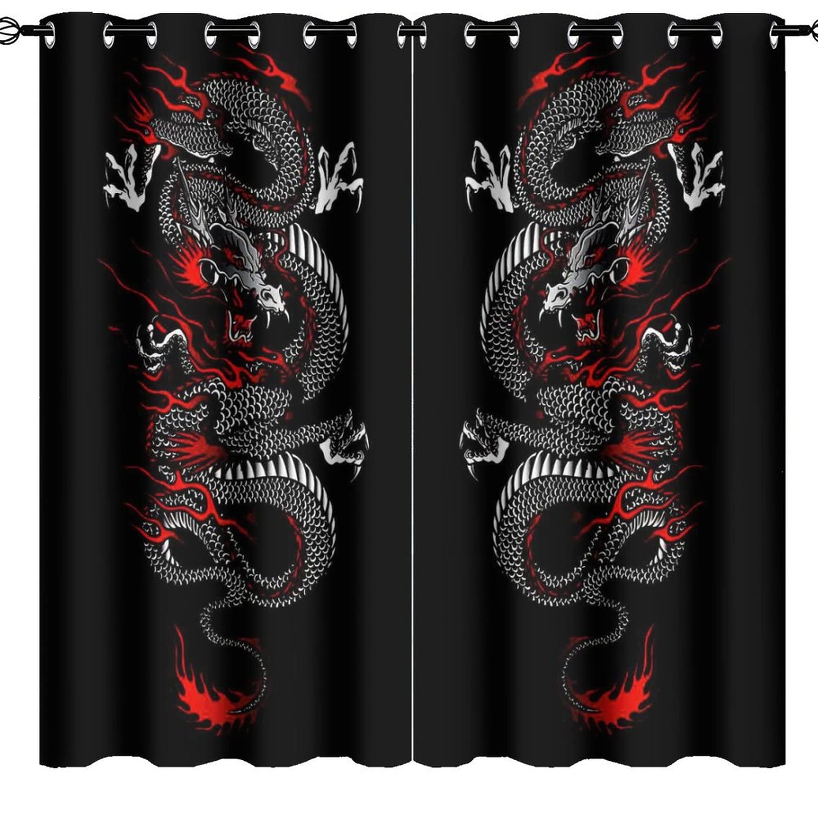 Chinese Dragon Blackout Curtains - Fantasy Retro Black Red Japanese Dragon Thermal Insulated Grommet Curtains for Bedroom, 84x84 Inches 2 Panels - Energy Efficient, Noise Reducing & Light Blocking - Perfect for Home Theater, Nursery & Dark Sleeping Environment