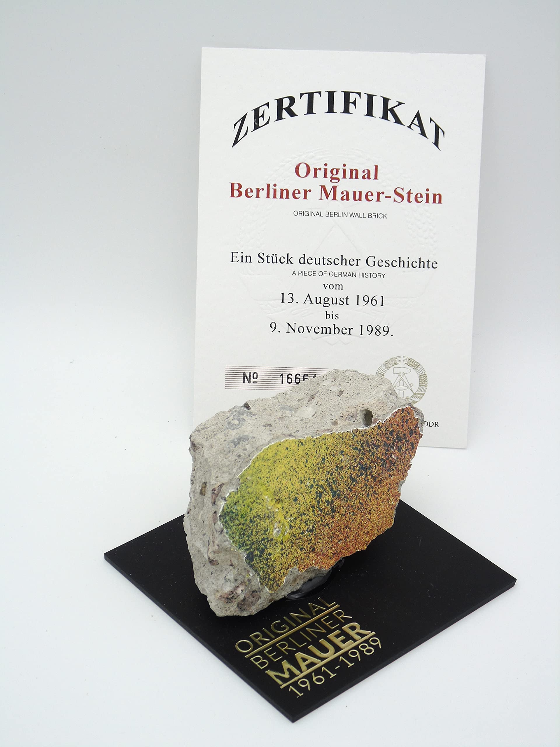 Authentic Piece of Berlin Wall with Certificate of Authenticity (CoA) - Large Fragment on Black Acrylic Base | Cold War Memorabilia, Historical Home Decor, Unique Gift for History Lovers