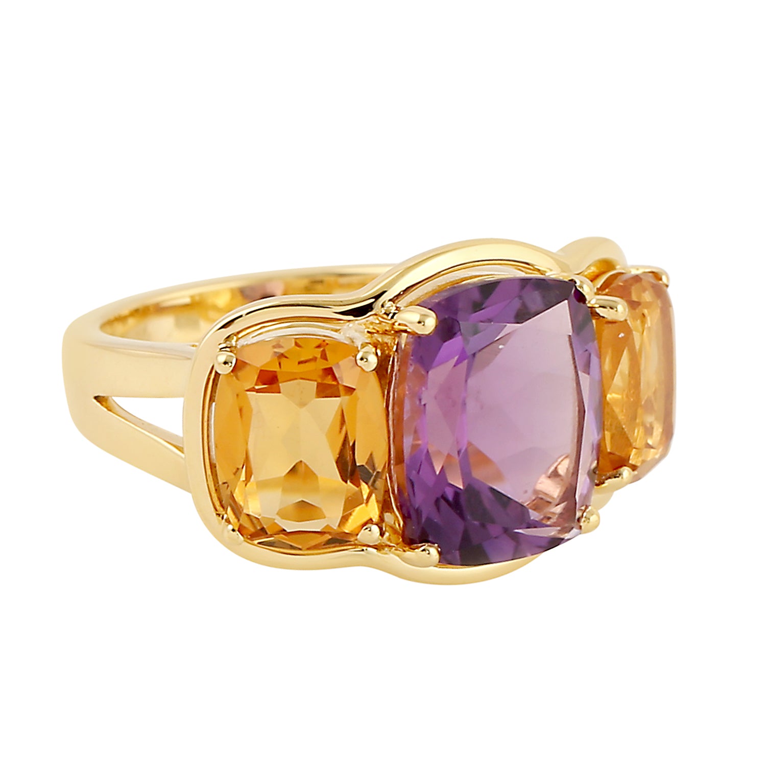 Handmade Yellow Gold Three Stone Ring with Cushion Cut Amethyst & Citrine Prong Setting | Elegant Jewelry for Weddings, Anniversaries & Special Occasions