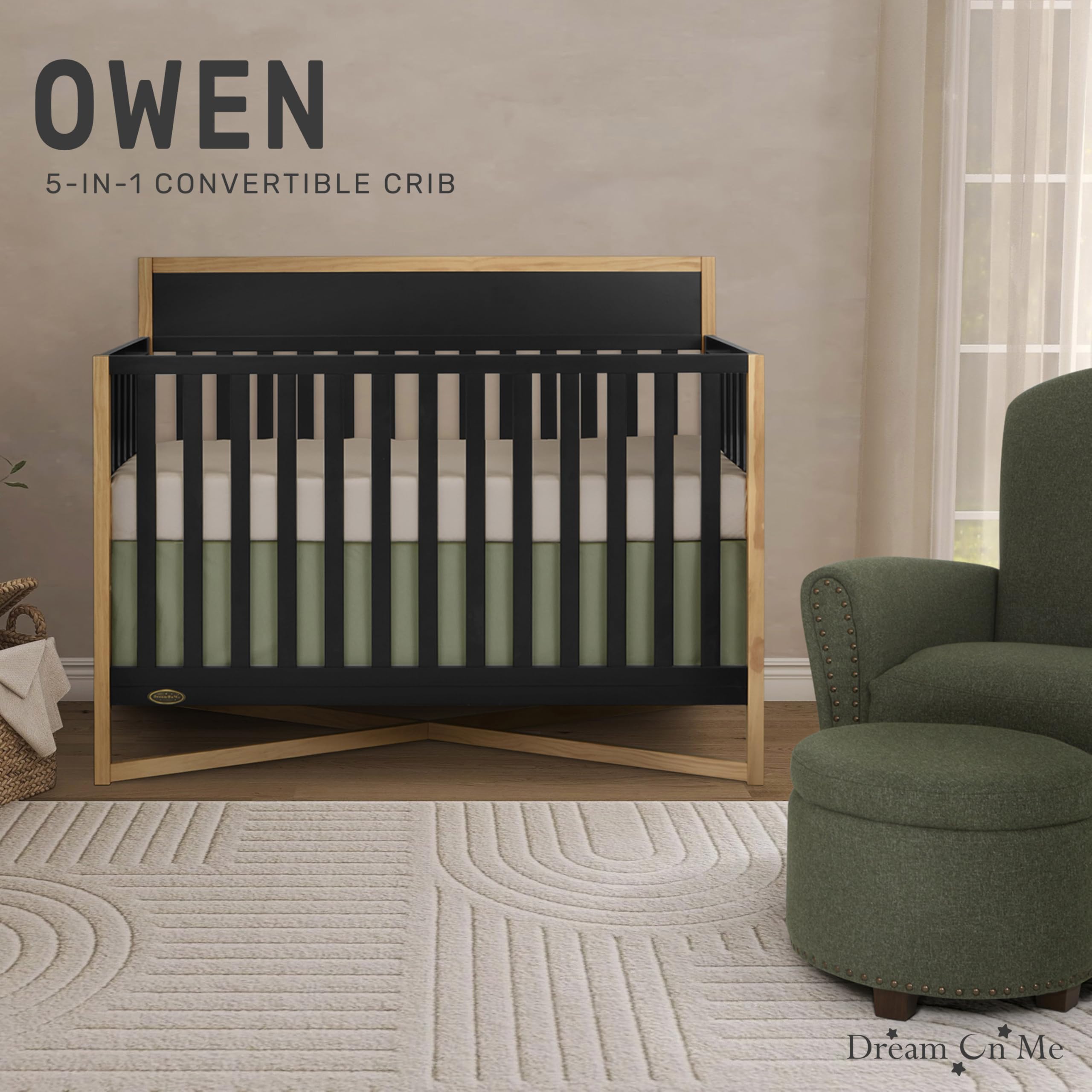 Dream On Me Owen 5-in-1 Convertible Crib - Matte Black | Greenguard Gold & JPMA Certified | Converts to Toddler Bed, Day Bed, Kids Sofa & Full Size Bed | Safe Nursery Furniture for Baby & Toddler Rooms