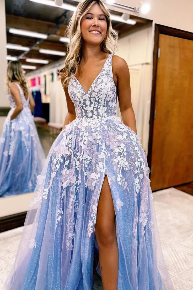 Elegant Blue A-Line V-Neck Long Prom Dress with Slit & Applique - Perfect for Evening Gala, Homecoming, and Formal Events