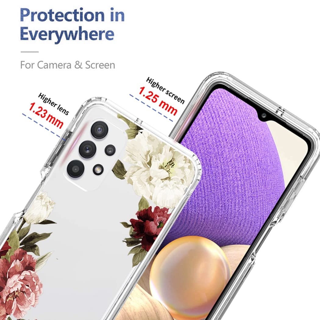 Premium Clear Floral Phone Case for Samsung Galaxy A32 5G & M32 5G - Shockproof Protective Cover with Tempered Glass Screen Protector - Cute Flower Design for Women Girls - Perfect for Daily Use, Work & Travel
