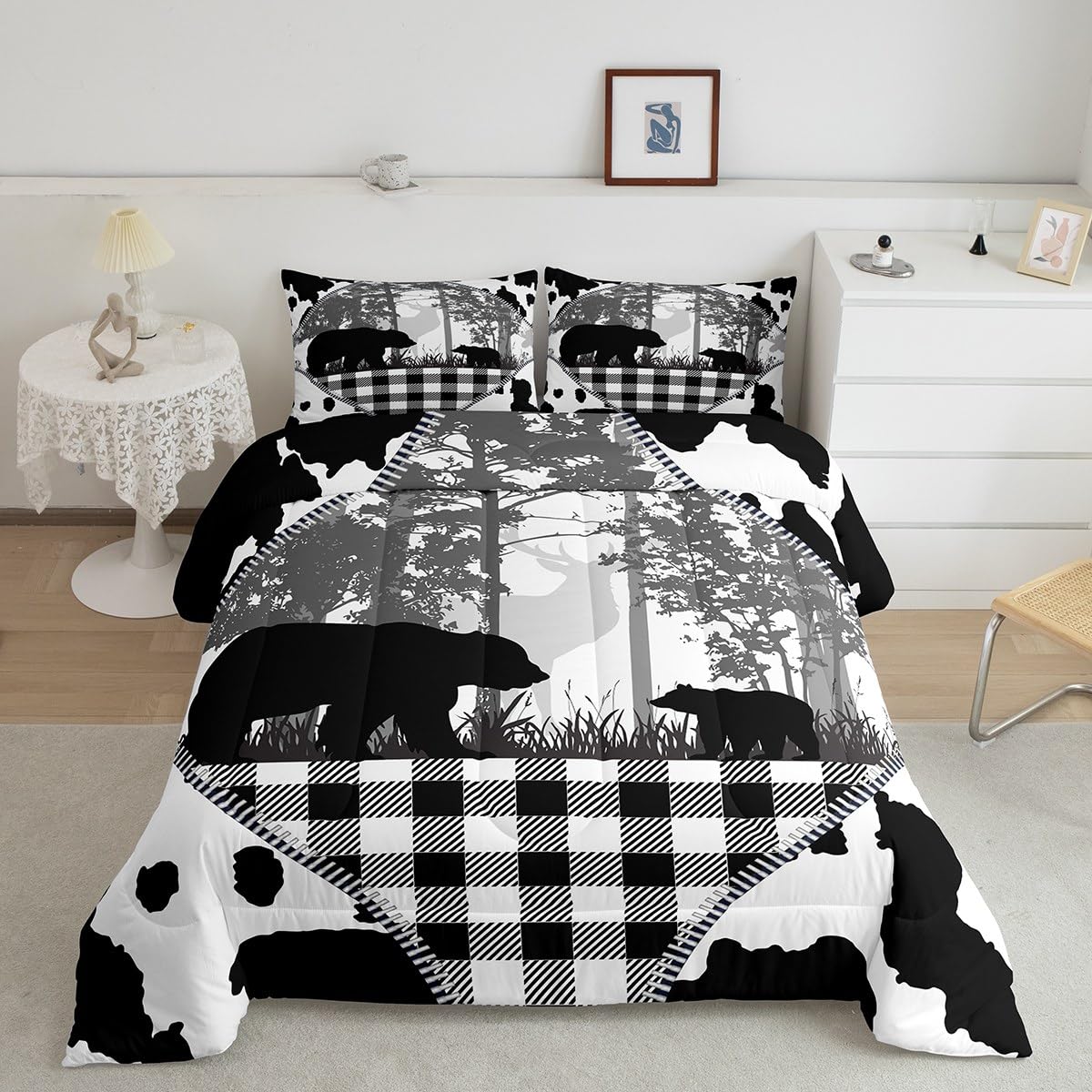 Erosebridal Rustic Bear Wildlife Animal Twin Comforter Set - Cowhide Print Woodland Bedding for Kids, Boys, Girls & Teens - Includes 1 Comforter & 1 Pillowcase - Perfect for Cozy Bedrooms, Cabin Decor & Nature-Themed Kids' Rooms