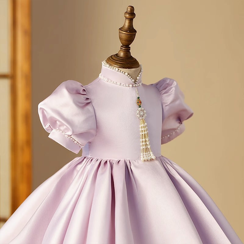 Elegant Baby Girls Lilac Puff Sleeve Pearl Stand Collar Princess Dress - Toddler Flower Girl Party Dress for Birthday, Wedding & Special Occasions