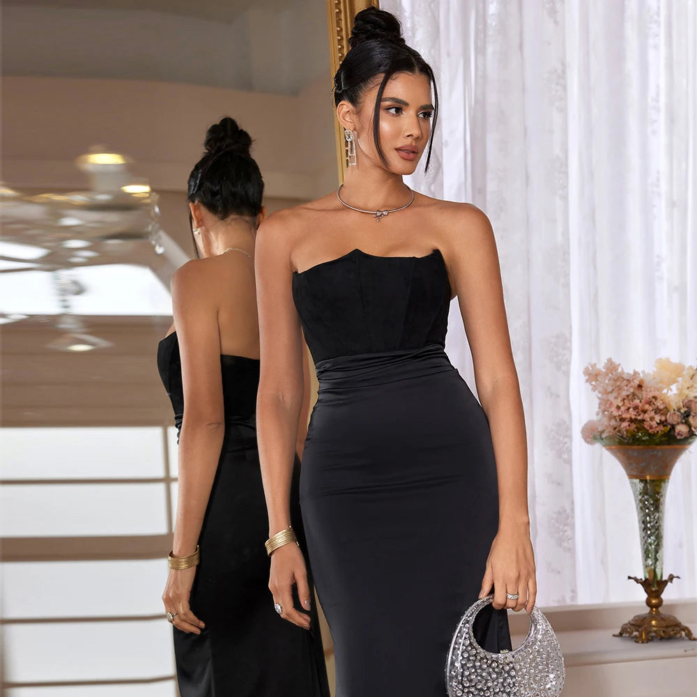 Elegant Black Velvet Strapless Corset Maxi Dress for Women - Perfect for Weddings, Parties & Formal Occasions | Sexy Satin Long Evening Gown with Boning for Special Events