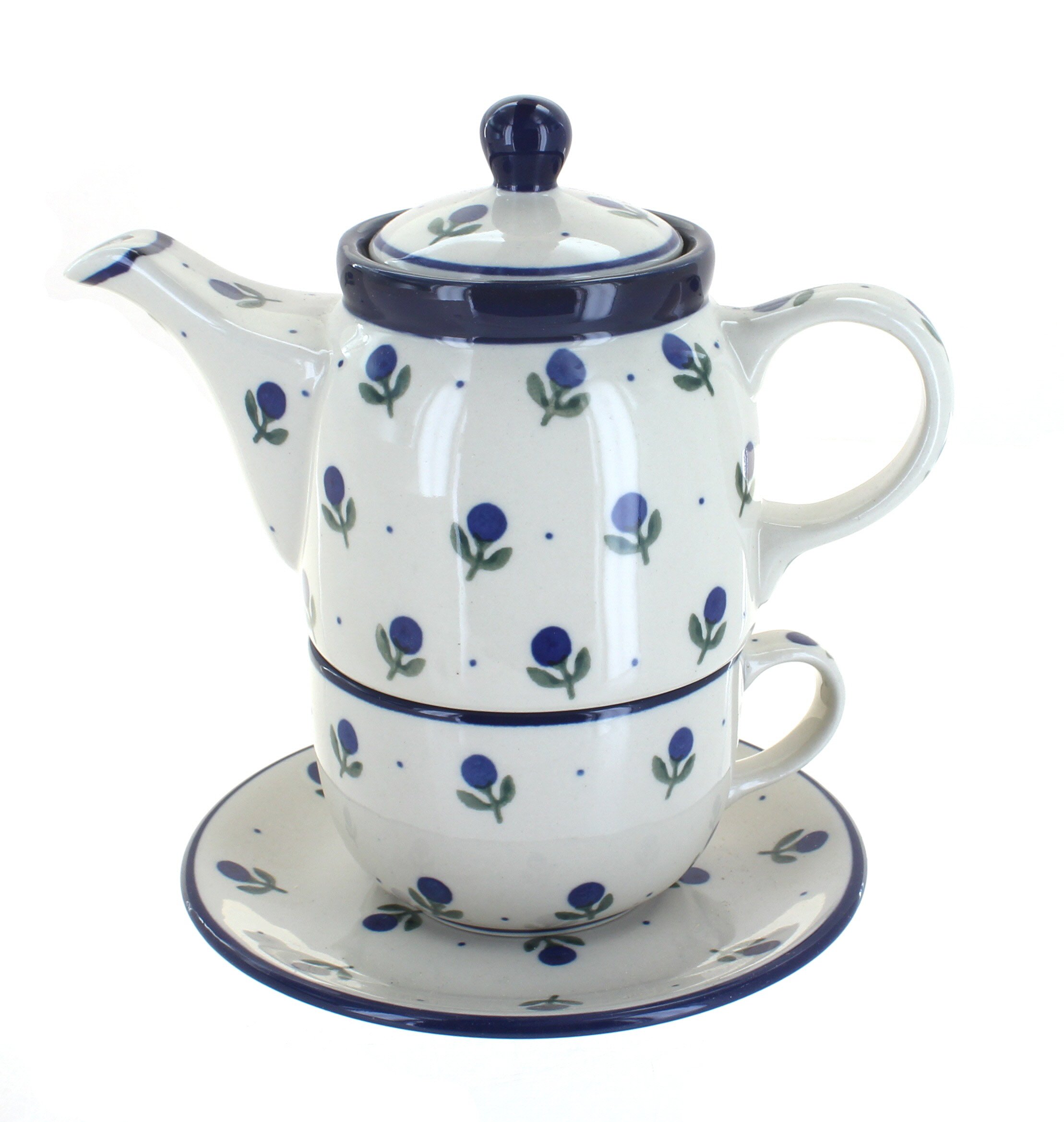 Handmade Polish Pottery Blue Rose Tea Set - Blueberry Design for One - Perfect for Afternoon Tea, Gifts & Home Decor