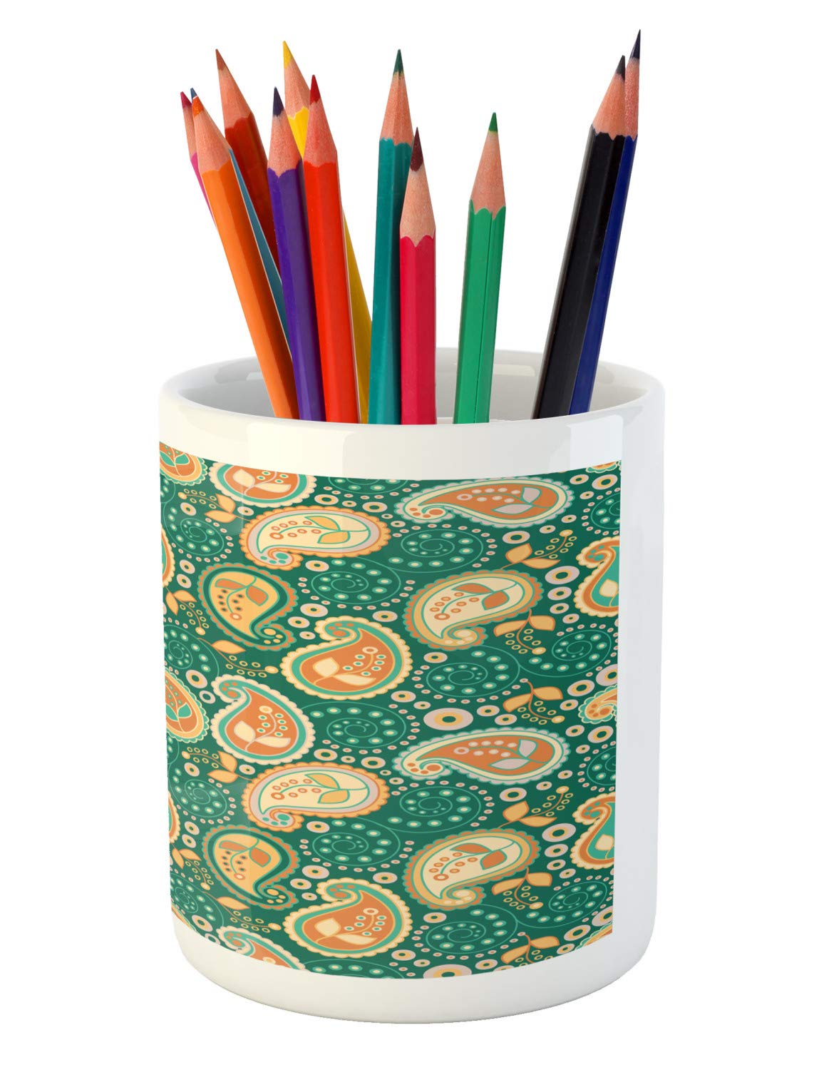 Ambesonne Ethnic Ceramic Pencil Holder - Folkloric Paisley Leaves Floral Design for Desk & Office Organization | Home & Office Decor Accessory in Apricot Hunter Green | Perfect for Writers, Students & Professionals
