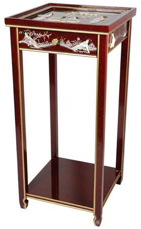 Elegant Black Oriental Stand with Mother of Pearl Inlay - Drawer, Shelf & Glass Top Display Cabinet - Perfect for Living Room Decor, Antique Collectibles Showcase & Home Organization