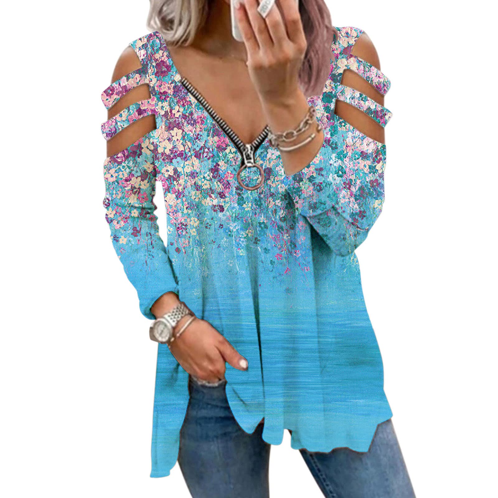 Women's Cold Shoulder Tops - Short Sleeve Zipper Tunic Shirt with Funny Print & Scoop Neck | Summer Blouse for Casual Wear, Parties & Beach Outfits