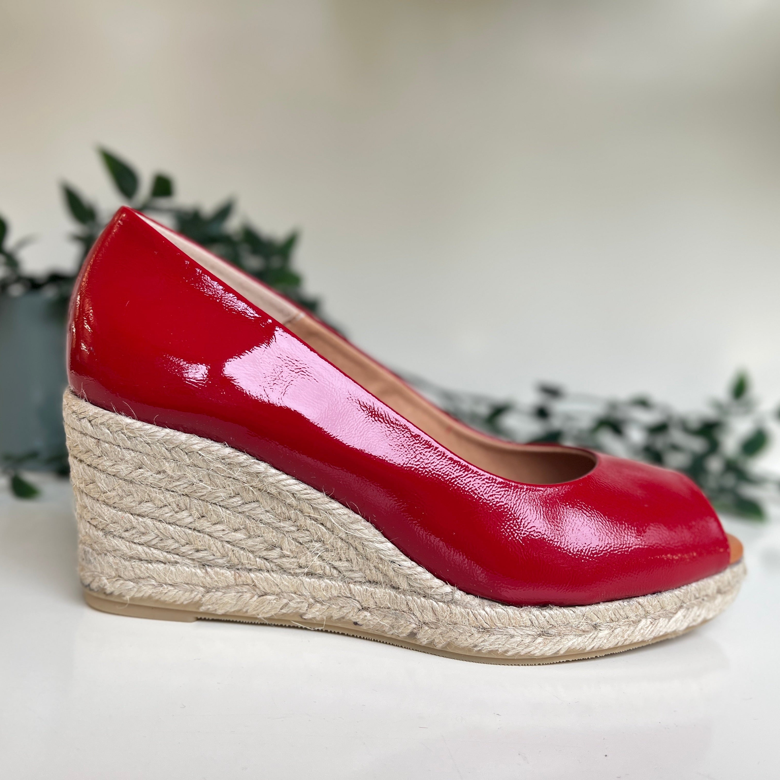 MARIAN Women's Red Patent Leather Peep Toe Wedge Espadrille Shoes - Comfortable Summer Sandals for Beach, Party & Casual Wear