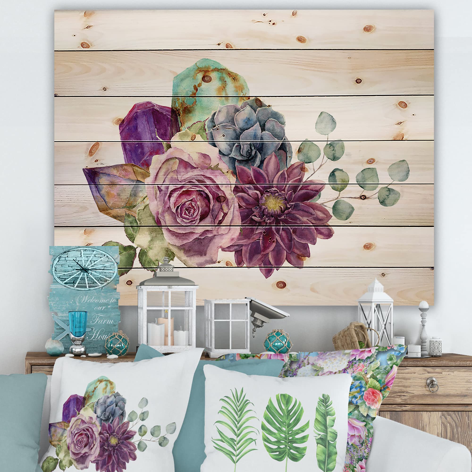 DesignQ Bouquet of Flowers with Succulents & Eucalyptus Wood Wall Art - Large Floral Pine Wood Wall Decor for Living Room, Bedroom, Office - Purple Traditional Wood Wall Panels Printed on Natural Pine