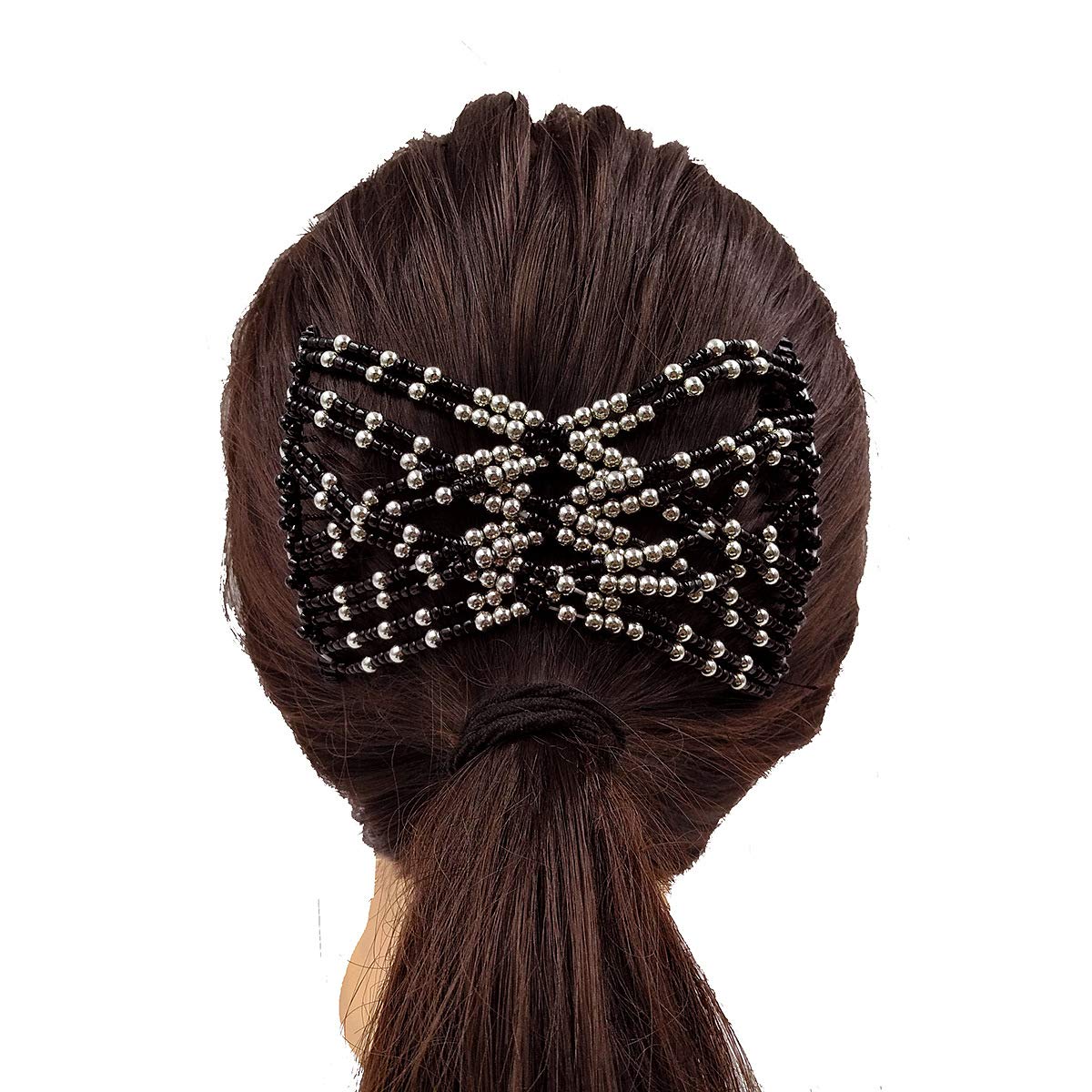Stylish Beaded Hair Combs - Magic Elastic Stretchable Double Hair Clips for Women & Girls - Hair Beauty Accessories (Champagne) - Perfect for Weddings, Parties & Everyday Hairstyling