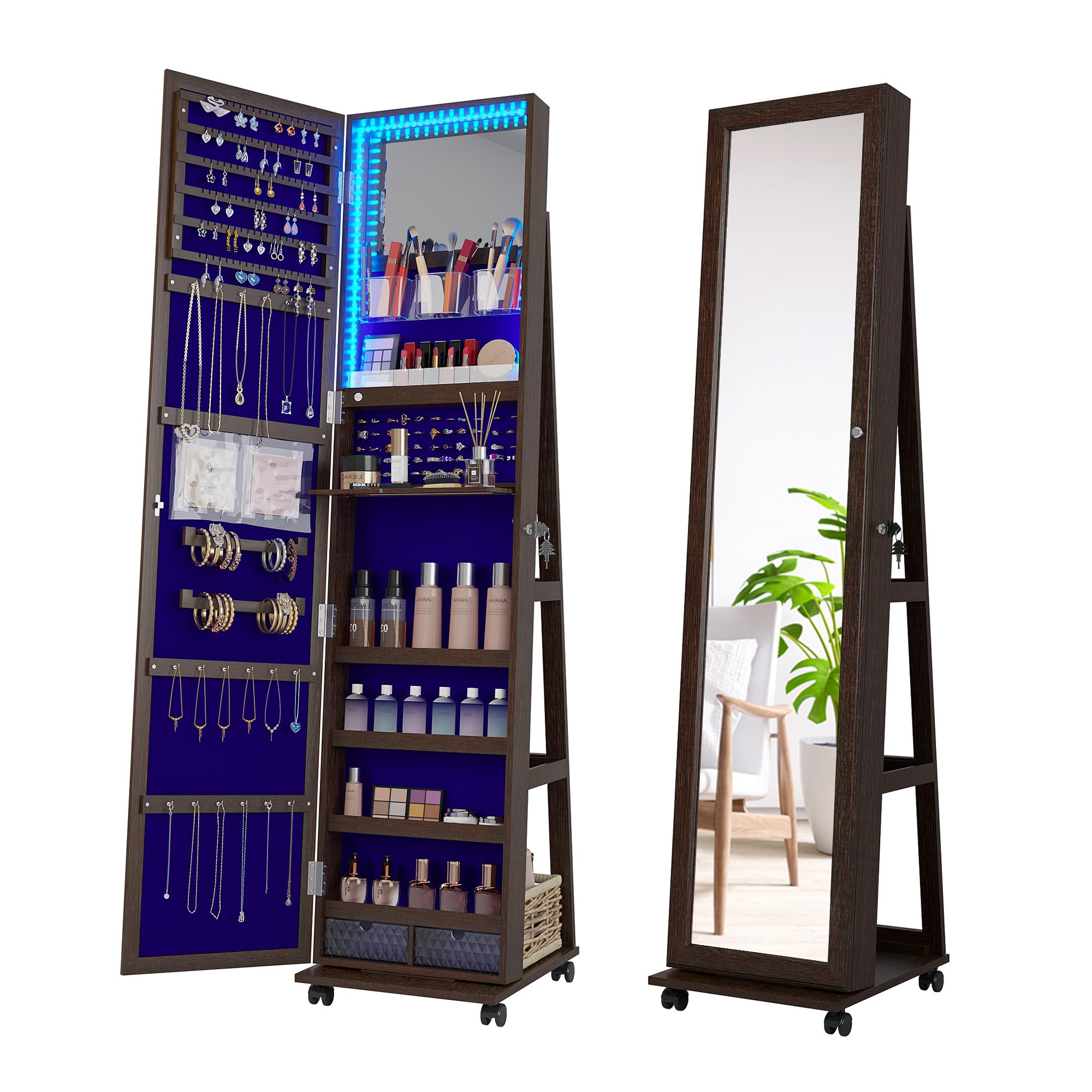 Full Length Mirror with Jewelry Storage - 360° Swivel Jewelry Cabinet with LED Lights & Lockable Organizer | Standing Jewelry Armoire with Mirror for Bedroom, Dressing Room & Christmas Gifts (Brown)