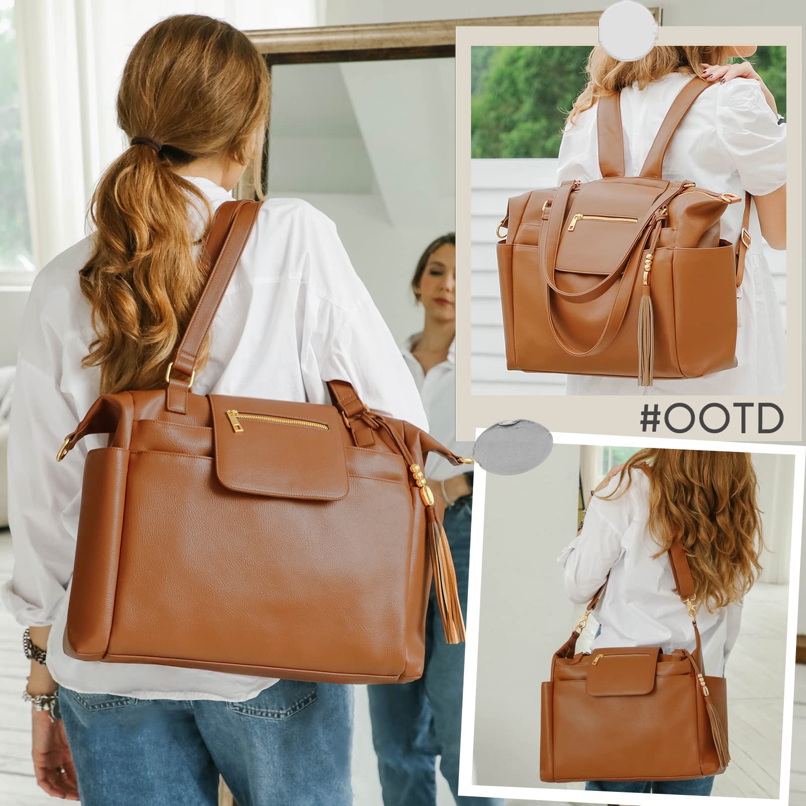 Premium Leather Diaper Bag Backpack - Large Tote with 14 Organizing Pouches, Changing Pad, Crossbody Straps & 4 Insulated Pockets (Brown) - Perfect for Baby Essentials, Travel & On-the-Go Parents