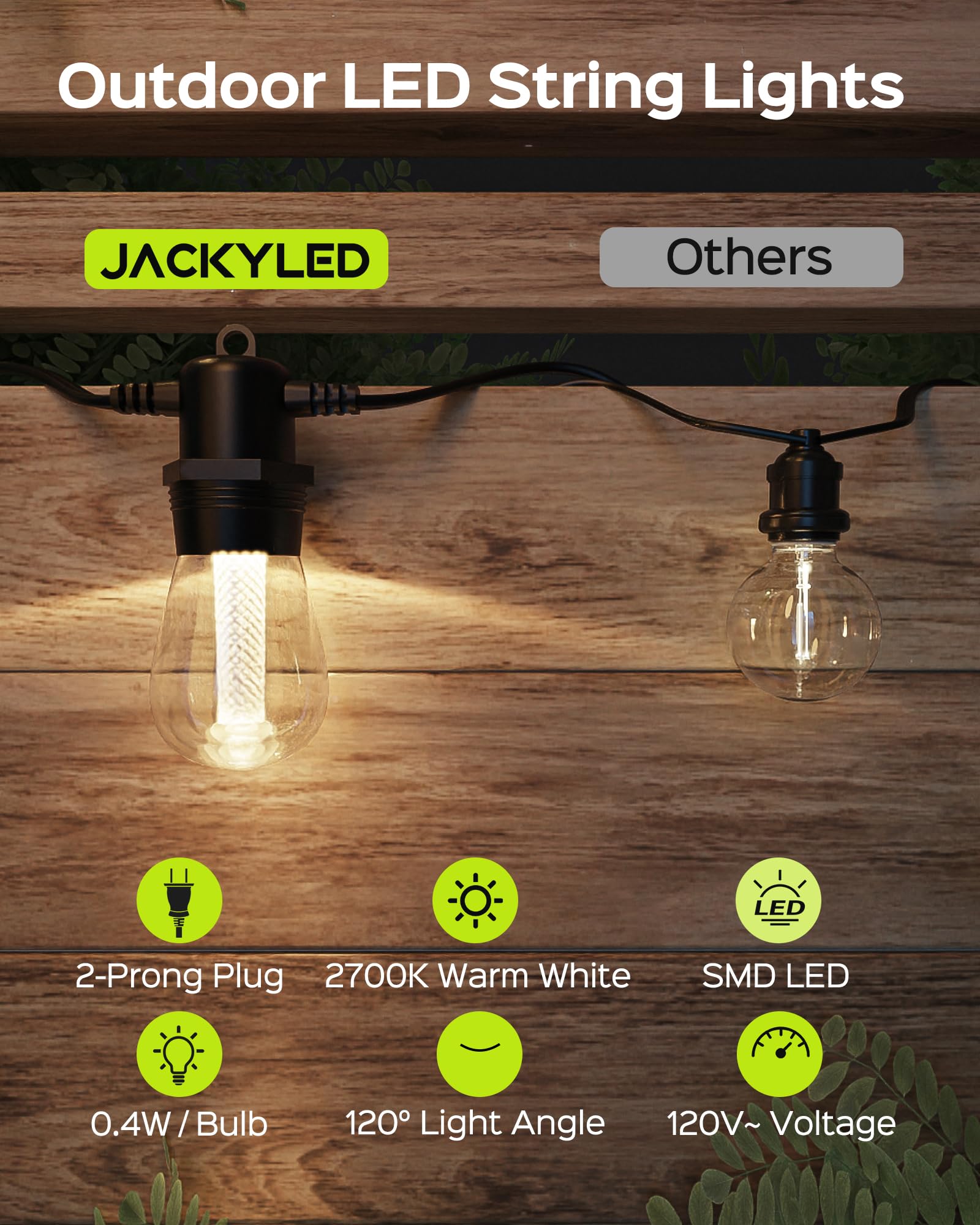 JACKYLED 100FT Outdoor String Lights - Waterproof Plug-in LED Patio Lights for Yard, Balcony, Wedding, Camping & Cafe | End-to-End Connectable | Perfect for Backyard Parties, Romantic Dinners & Outdoor Decor