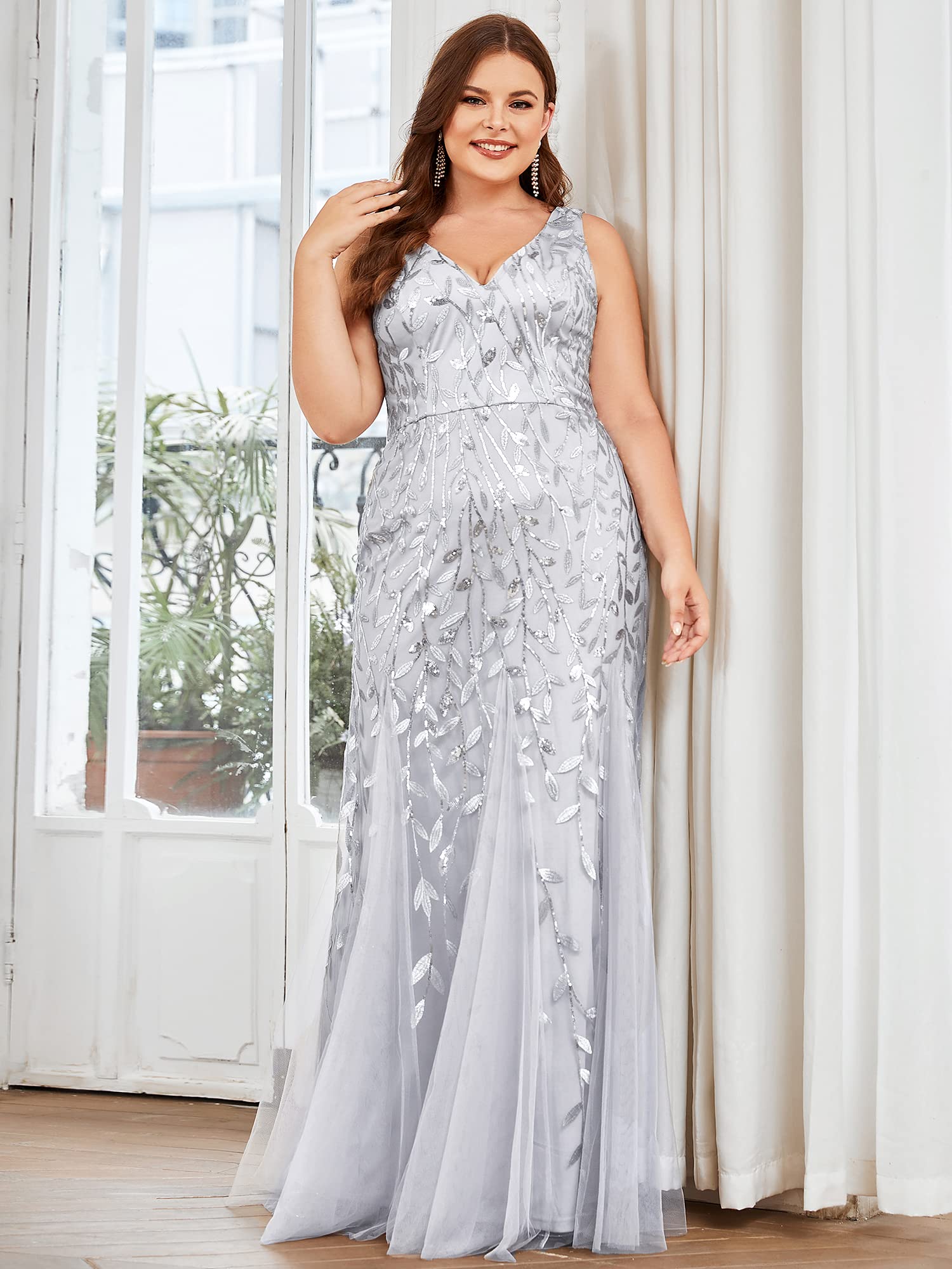 Ever-Pretty Women's Sequin V-Neck Sleeveless Bodycon Mermaid Evening Gown Plus Size Formal Dress for Prom, Party, Wedding & Special Occasions - Style 07886-PZUSA