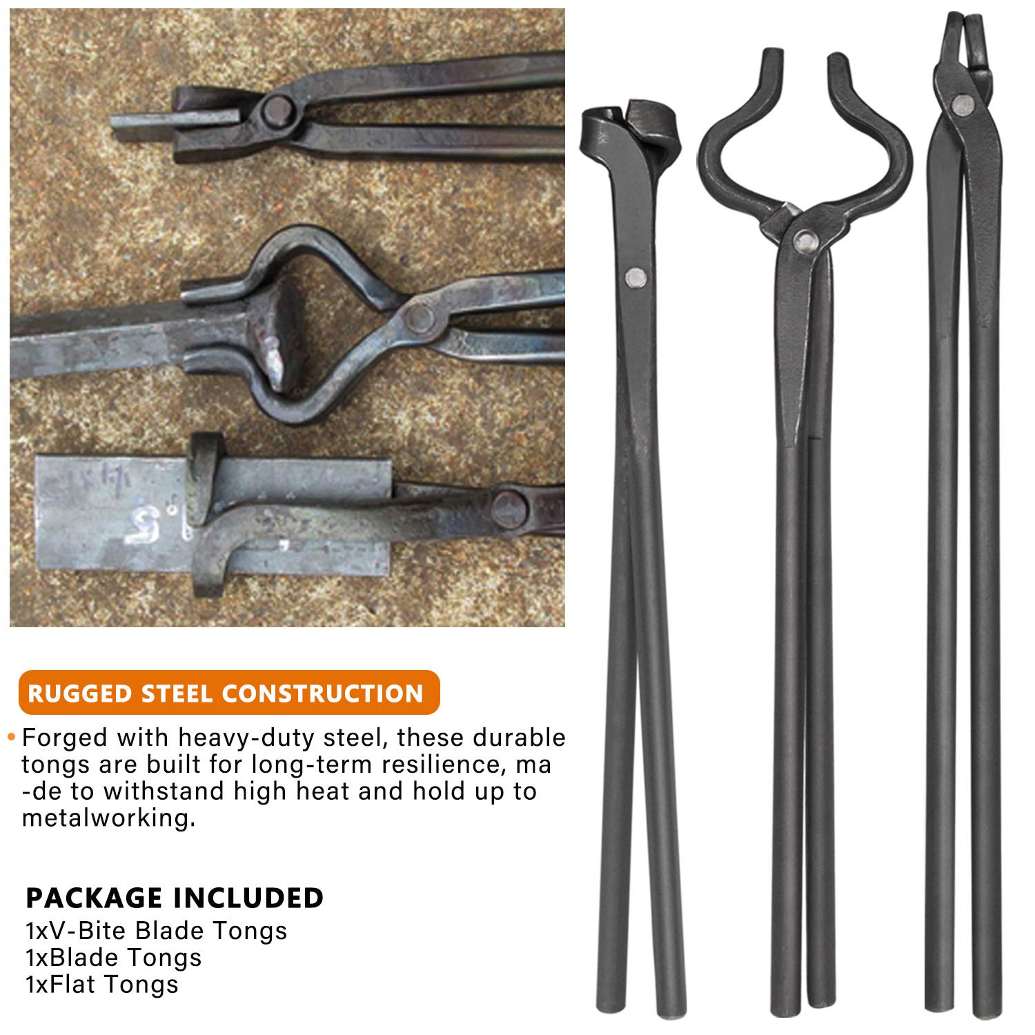 Professional Knife Making Tongs Set - 3 Pcs Bladesmith & Blacksmith Forge Tools with Vise Grip - Perfect for Metalworking, Knife Forging, and DIY Crafting Projects