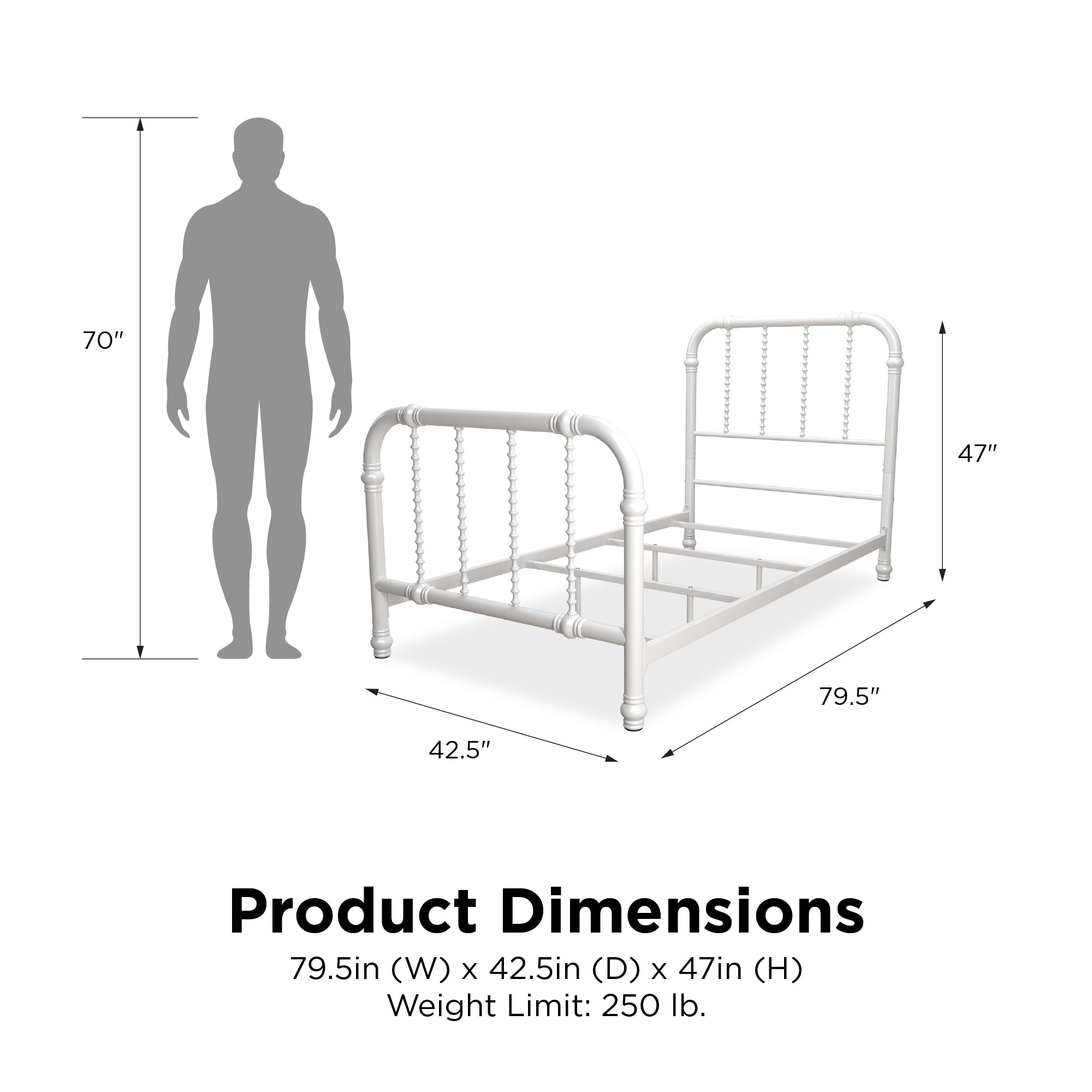 DHP Jenny Lind Twin Size Kids Metal Bed Frame with Country Chic Headboard & Footboard - White | Underbed Storage Space for Toys | Perfect for Children's Bedroom, Nursery or Guest Room