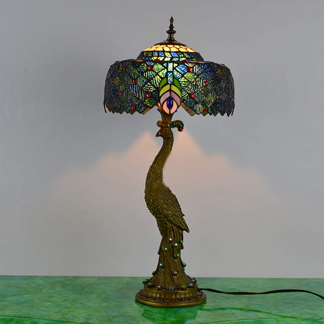 Vintage Tiffany Style Peacock Table Lamp - 1 Light Desktop Lamp with Stained Glass Shade & Retro Resin Base, E27 Socket for Living Room, Bedroom, Office Decor - Perfect for Home Lighting and Gift Giving