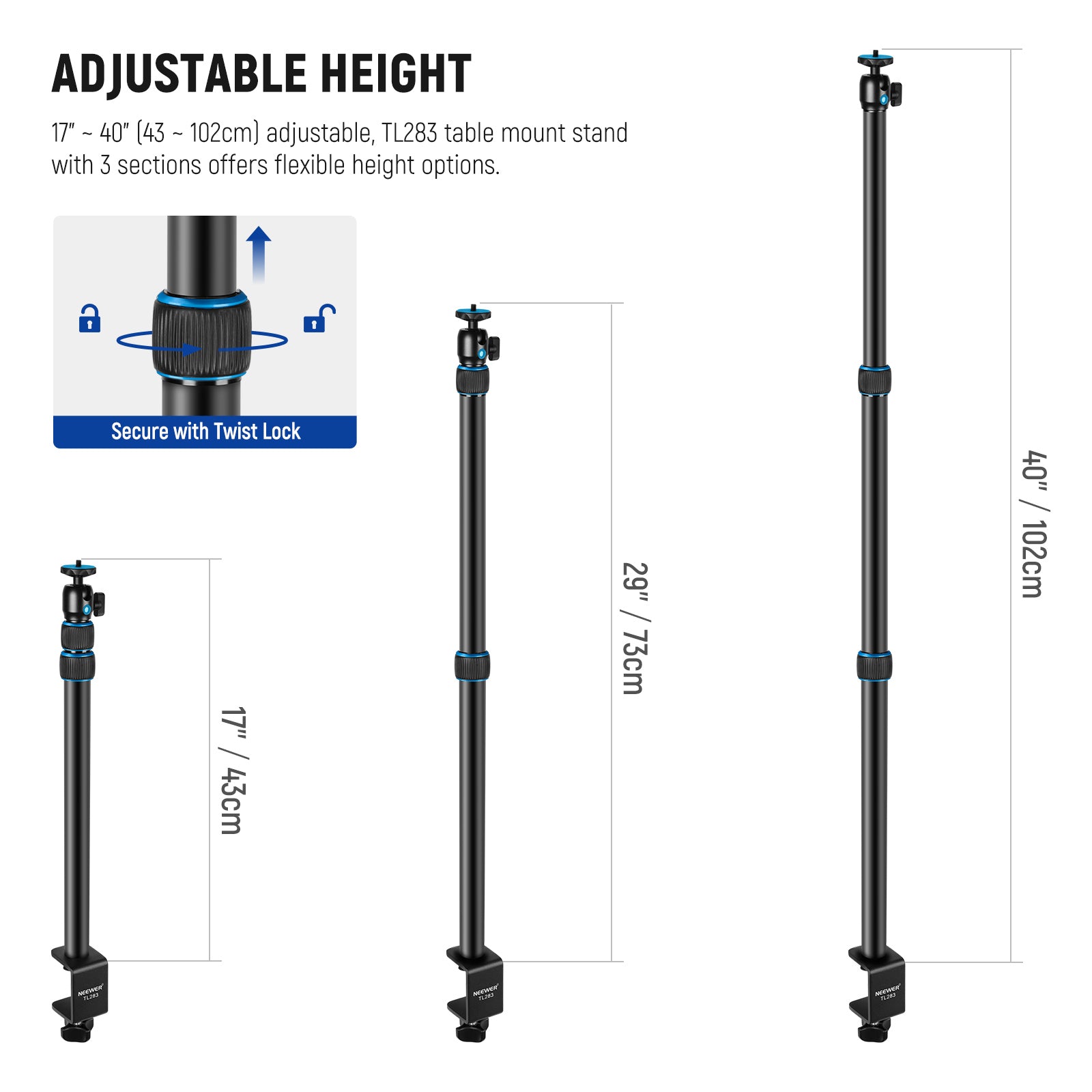 NEEWER TL283 Extendable Camera Desk Mount with Ball Head - Adjustable Arm for DSLR, Webcam, and Smartphone - Perfect for Streaming, Video Calls, and Photography Workspace Setup
