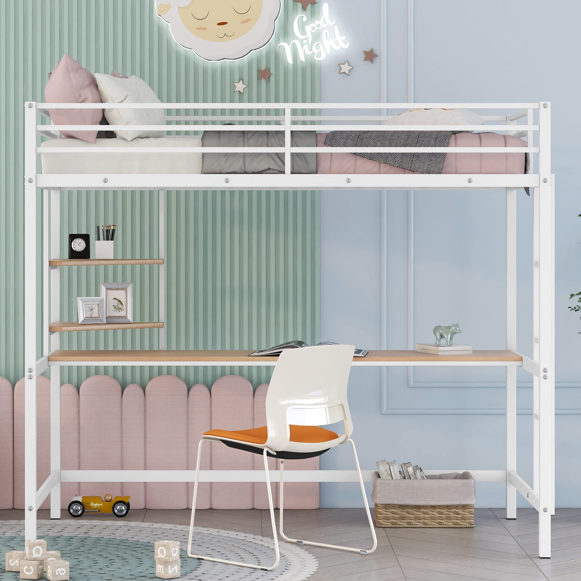 Twin Size Loft Bed with Desk & Storage - Heavy Duty Metal Frame for Kids - Safety Guardrail & Space Saving Design - Perfect for Small Bedrooms, Dorms & Studio Apartments (White)