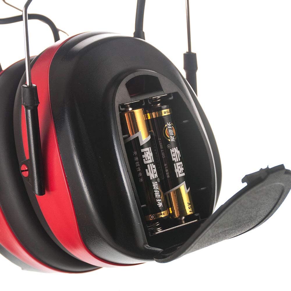 Noise Cancelling AM/FM Radio Headphones with 25dB NRR - Digital Display Safety Earmuffs for Hearing Protection - AA Battery Powered - Ideal for Lawn Mowing, Construction Work & Outdoor Activities (Red)