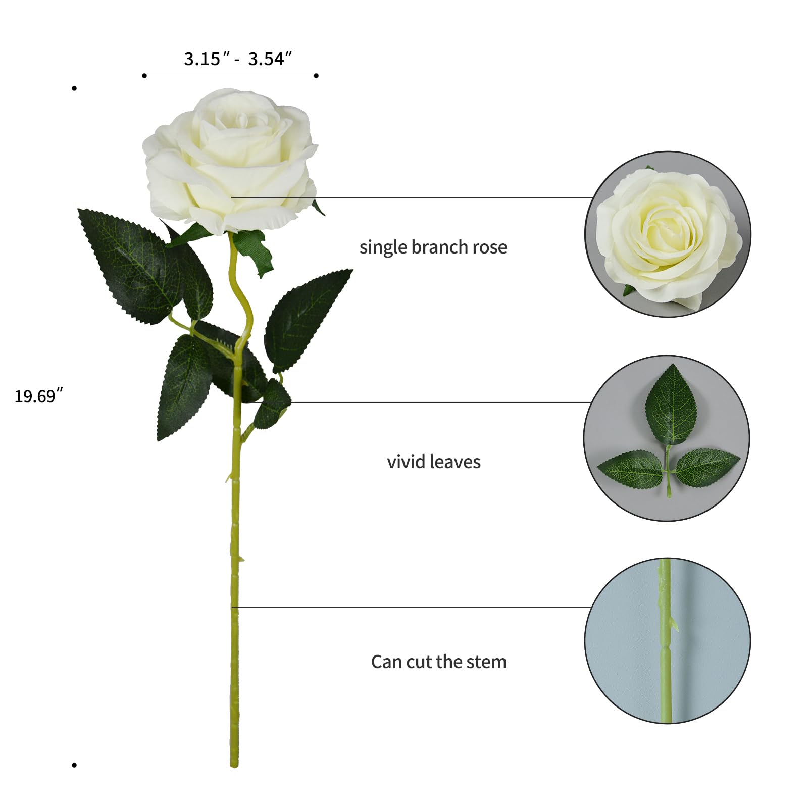 10pcs White Artificial Silk Roses - 50cm Realistic Fake Rose Flowers for Bridal Bouquets, Wedding Centerpieces, Home Decor & Party Arrangements (Perfect for Tables, Vases, and DIY Floral Projects)