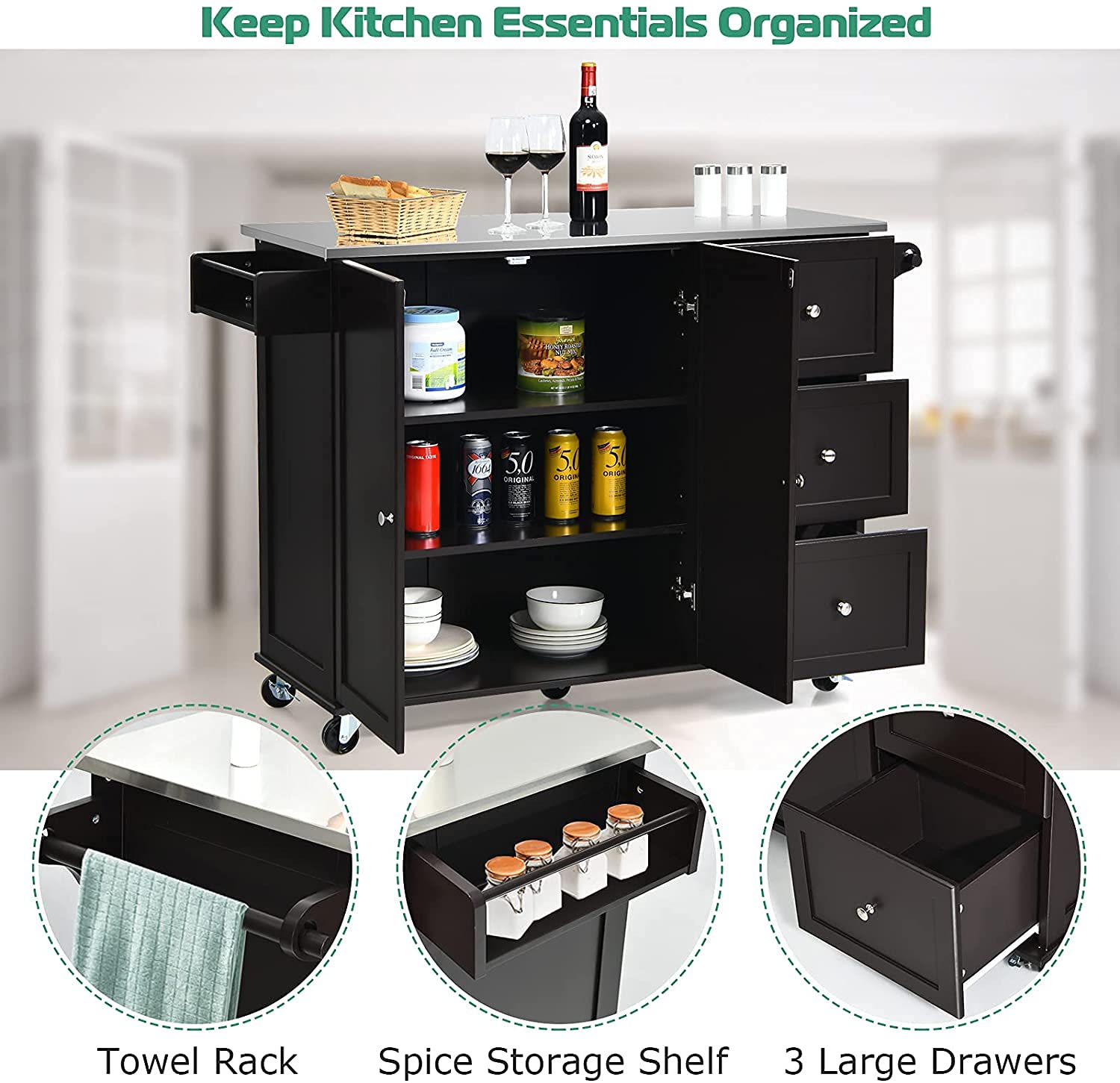 Premium Kitchen Cart with Stainless Steel Top & Storage - Mobile Kitchen Island on Wheels with Adjustable Shelf, 3 Drawers & Spice Rack - Perfect for Small Kitchens, Dining Rooms & Living Rooms - Ideal for Meal Prep, Extra Counter Space & Home Organization