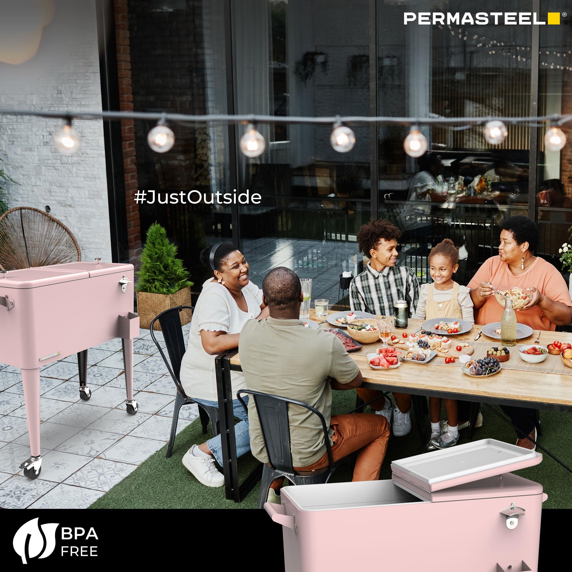 Permasteel 80-Quart Classic Outdoor Patio Cooler with Wheels & Handles - Retro Design Beverage Bar Cart for Picnics, BBQs, Camping & Tailgating