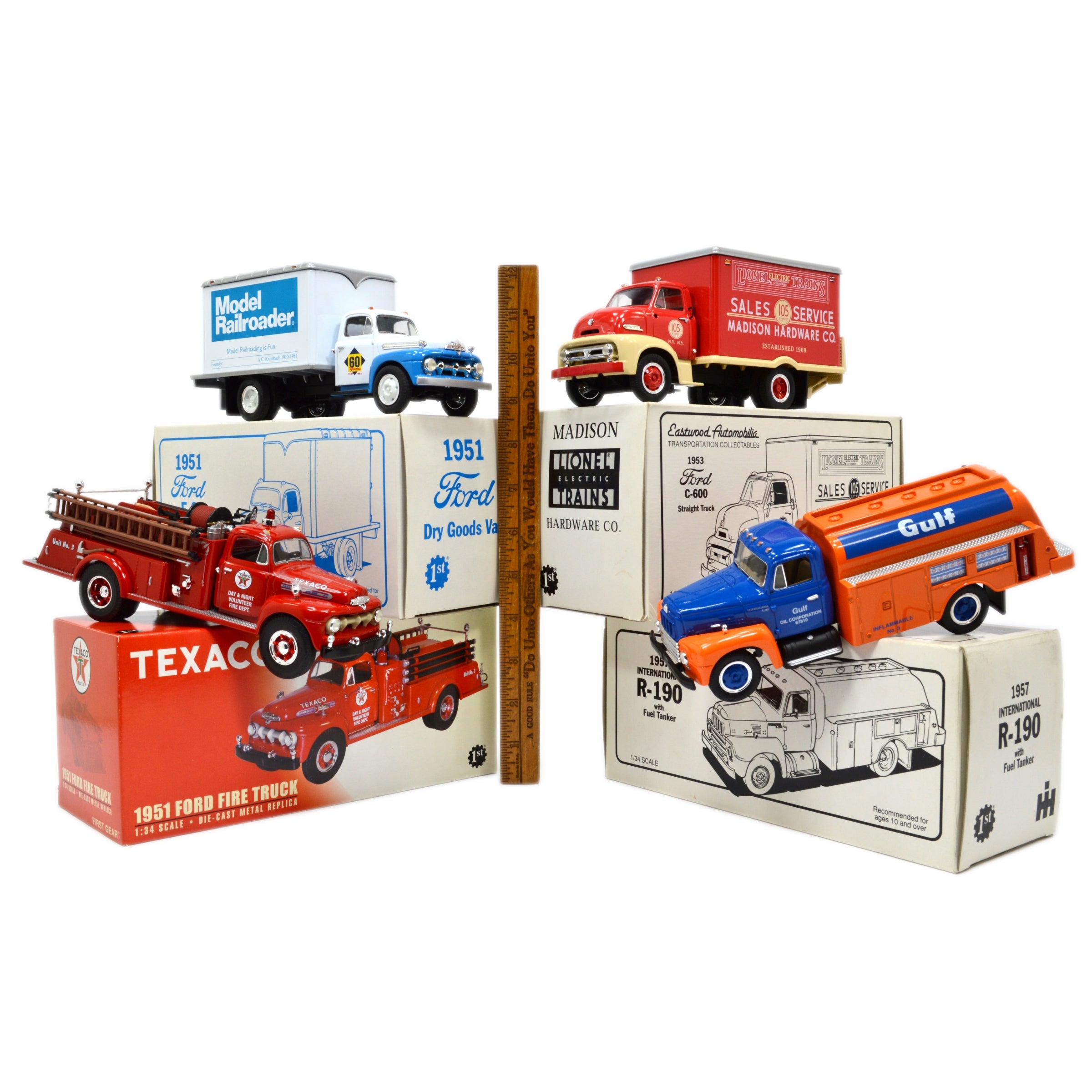 Lot of 4 FIRST GEAR Diecast Model Trucks - Gulf Tanker & Lionel Trains Texaco Fire Truck Collection for Display & Gift Giving