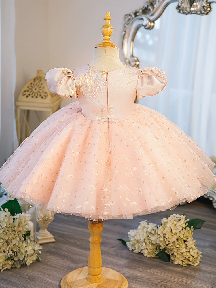 Pink Princess Round Tea Length Satin Flower Girl Dress for Weddings, Birthday Parties & Special Occasions