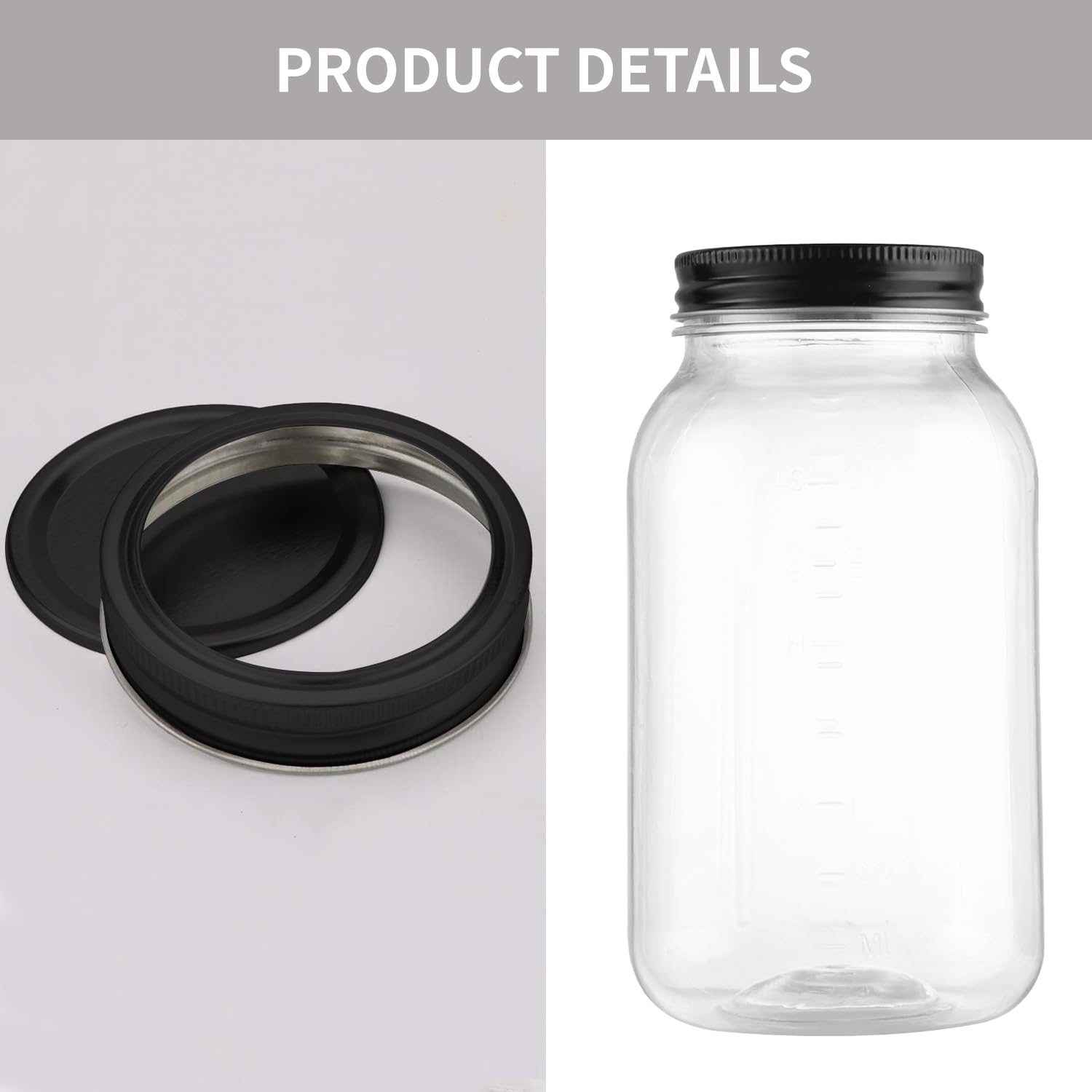 32oz Clear Plastic Mason Jars with Airtight Lids - 6 Pack Black Food Storage Containers for Kitchen, Pantry Organization, Dry Goods, Spices & DIY Crafts | BPA-Free Leakproof Jars