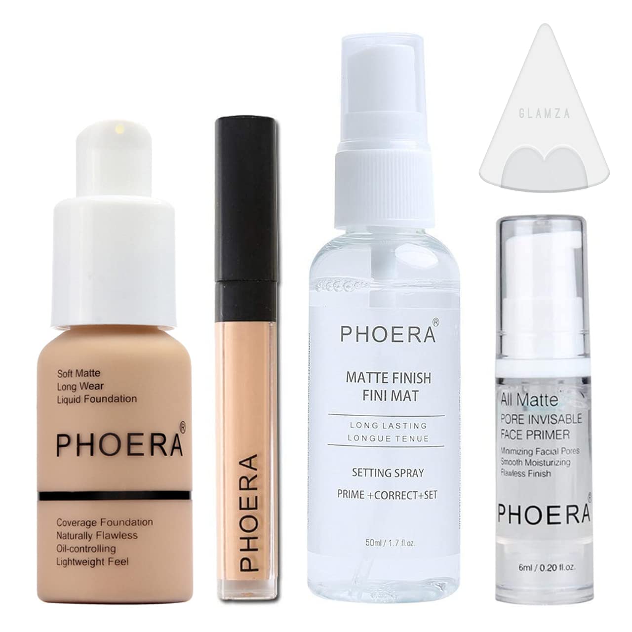 Phoera Full Coverage Makeup Set - Matte Foundation 30ml, Concealer (Neutral), Face Primer 6ml, Setting Spray 50ml & Silicone Blender Sponge | Long-Lasting Flawless Finish for Daily Wear, Special Occasions & Professional Makeup Looks