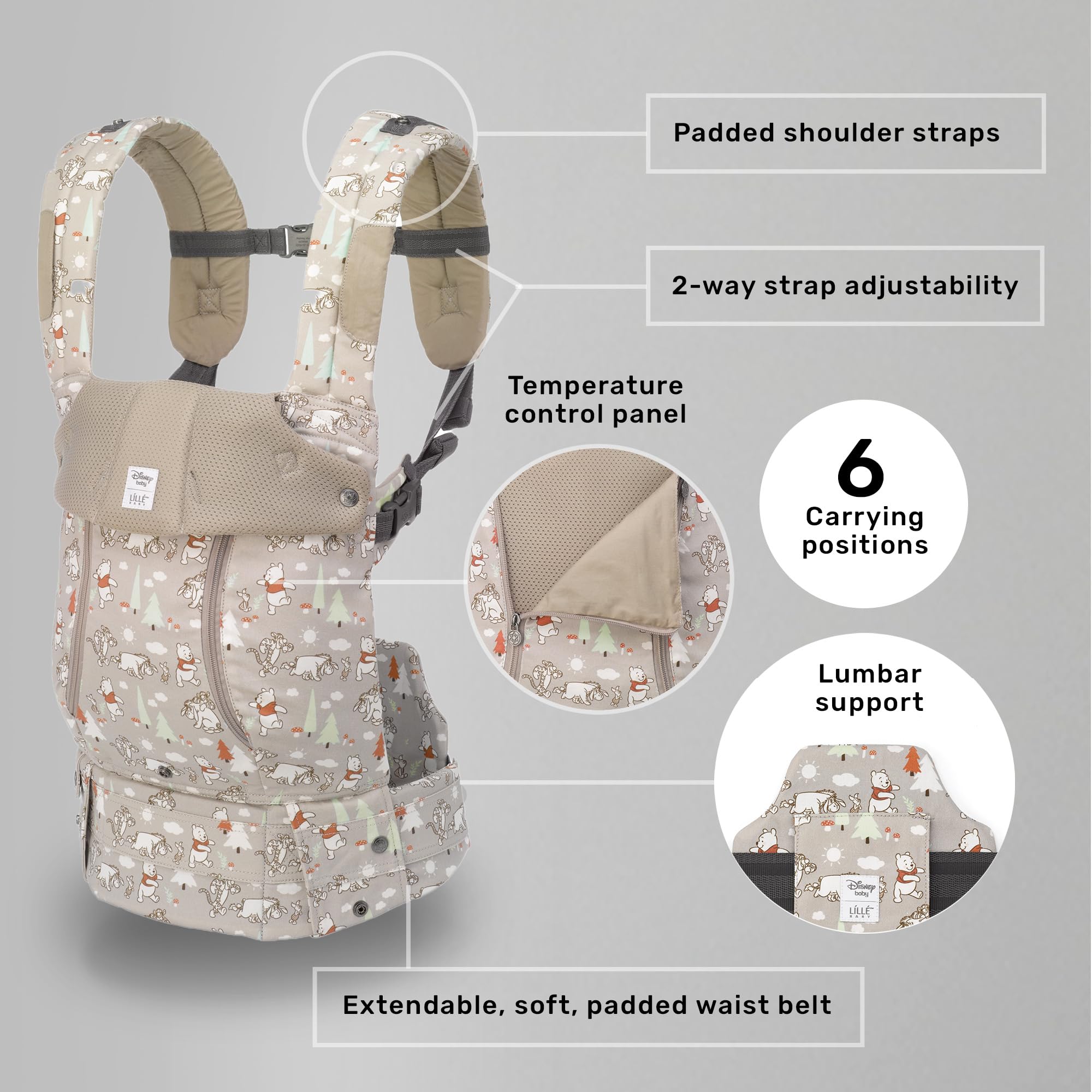LÍLLÉbaby Complete All Seasons Ergonomic 6-in-1 Baby Carrier for Newborn to Toddler (7-45 lbs) - 360° Adjustable with Lumbar Support - Disney Pooh's Perfect Day Design - Perfect for Shopping, Hiking & Daily Errands