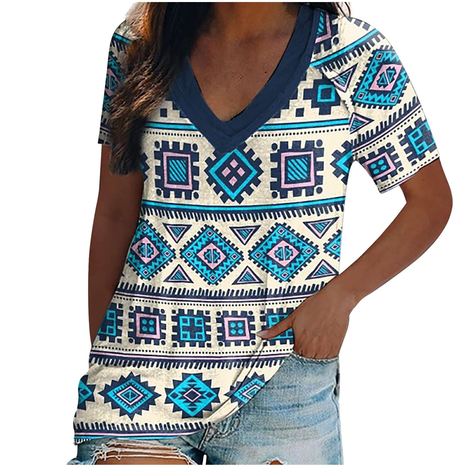Women's Summer Tops - Casual Short Sleeve V-Neck T-Shirts with Vintage Ethnic Floral Print | Lightweight Flowy Blouse for Beach, Vacation & Everyday Wear