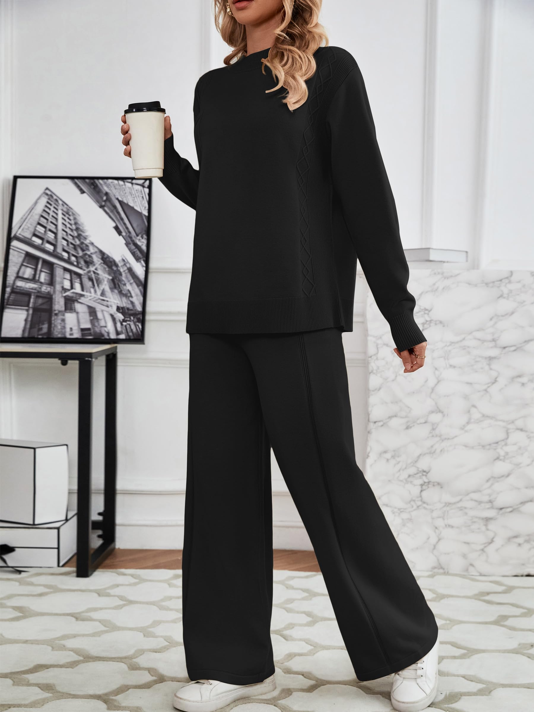 SuperPrity Women's Knit Sweater & Wide Leg Pants Lounge Set - 2 Piece Matching Outfit for Fall 2024 | Cozy Loungewear for Home, Yoga & Casual Wear